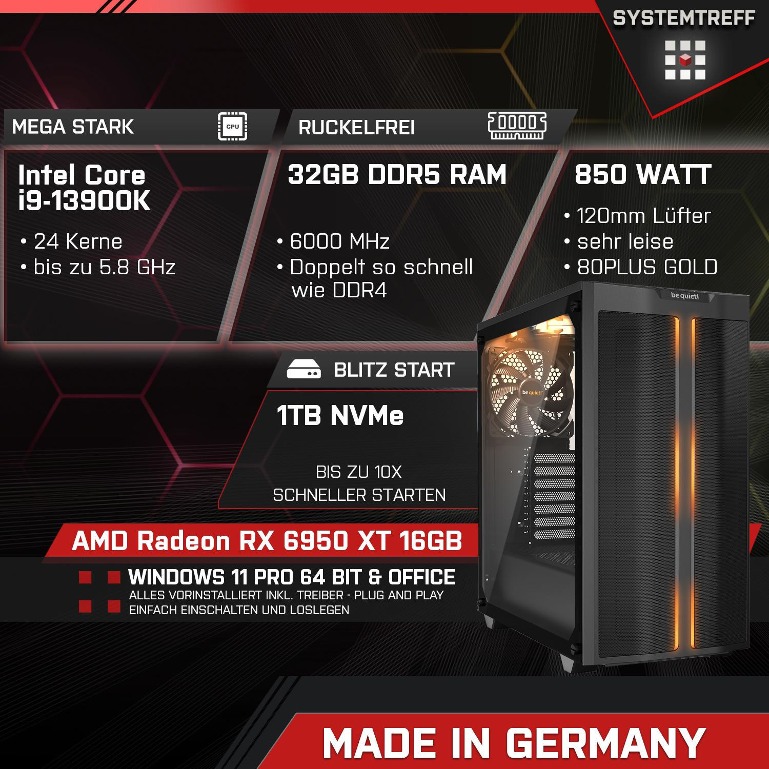 SYSTEMTREFF Gaming Komplett Intel Core GB 32 mit RAM, GB RX GB AMD Komplett mSSD, 1000 i9-13900K XT Prozessor, PC 16GB 6950 16 Radeon i9-13900K, GDDR6