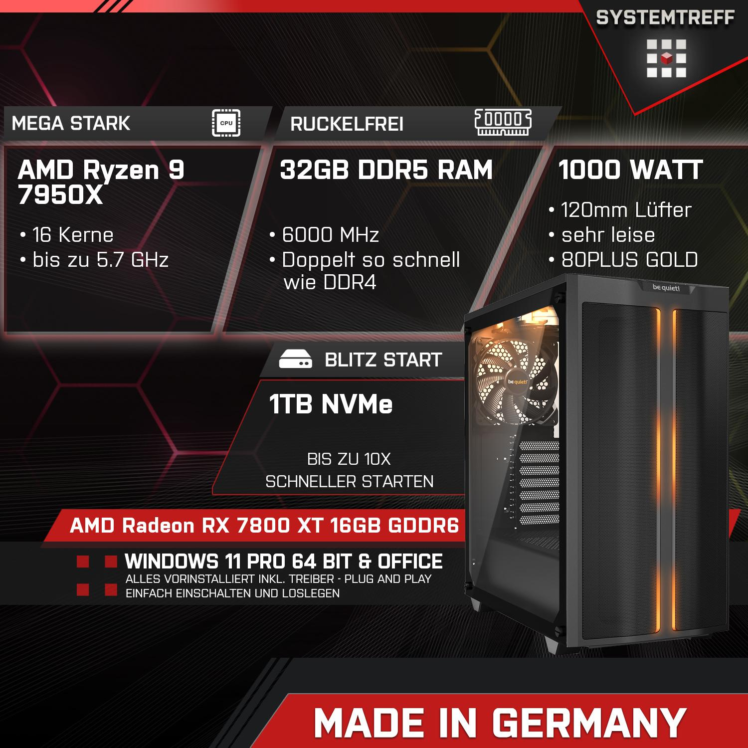 SYSTEMTREFF Gaming Komplett AMD GB mit Ryzen 1000 Prozessor, Komplett 9 7950X GB 16 32 7950X, mSSD, PC GB RAM