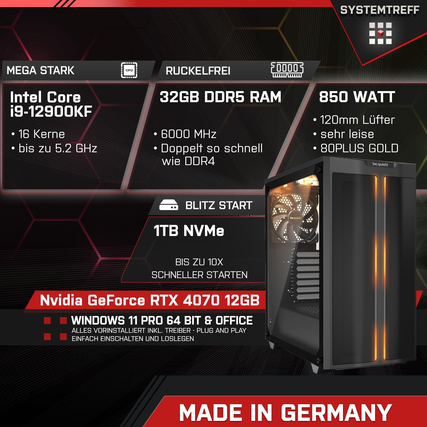 RTX™ GeForce 32 SYSTEMTREFF Core Prozessor, NVIDIA mit GB Pro, High-End Intel Intel® i9-12900KF, Gaming i9 Core™ Windows 4070 mSSD, Gaming 1000 PC 11 GB RAM,