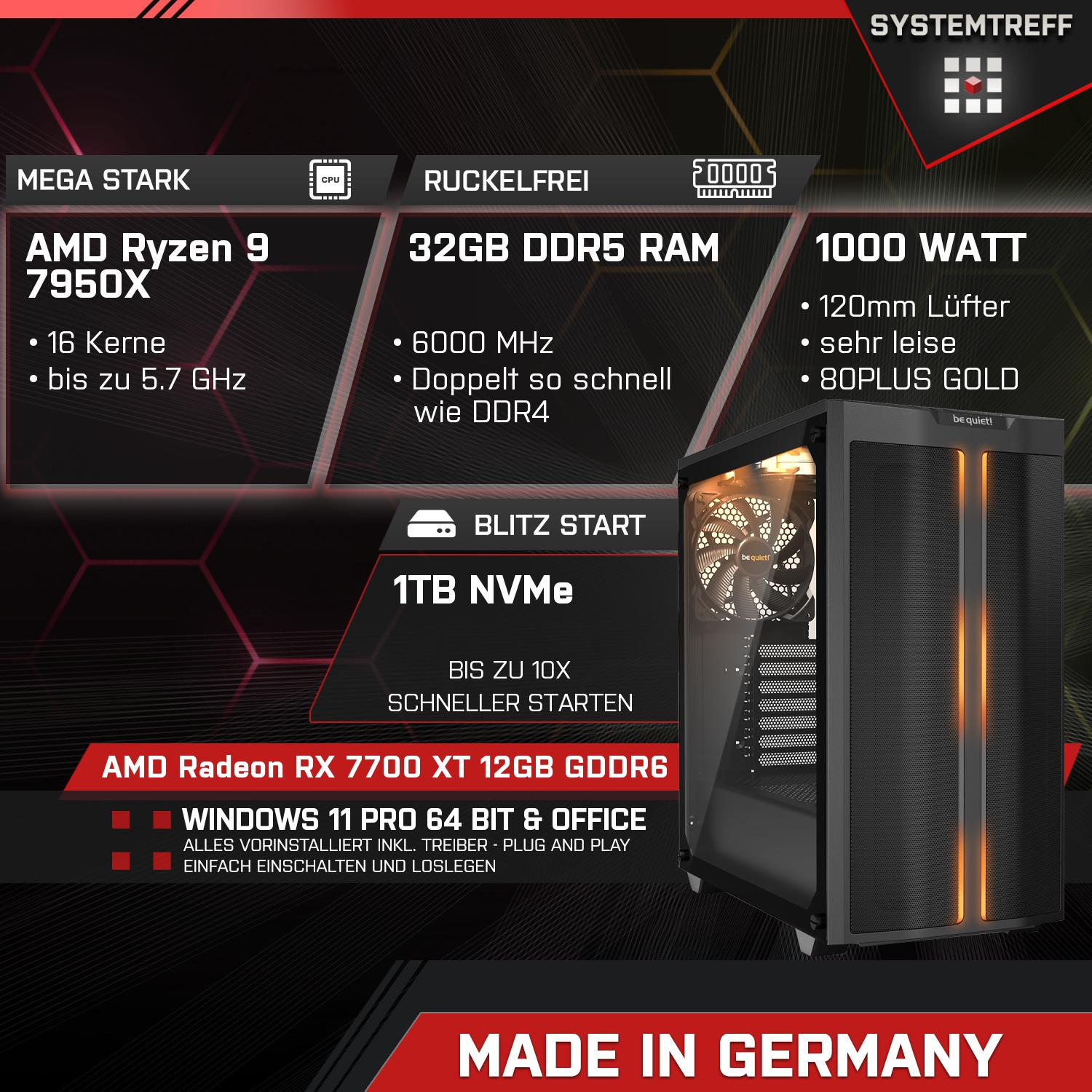 SYSTEMTREFF Gaming Komplett AMD Ryzen 32 GB Prozessor, 1000 RAM, mit Komplett 12 7950X 7950X, GB PC mSSD, GB 9