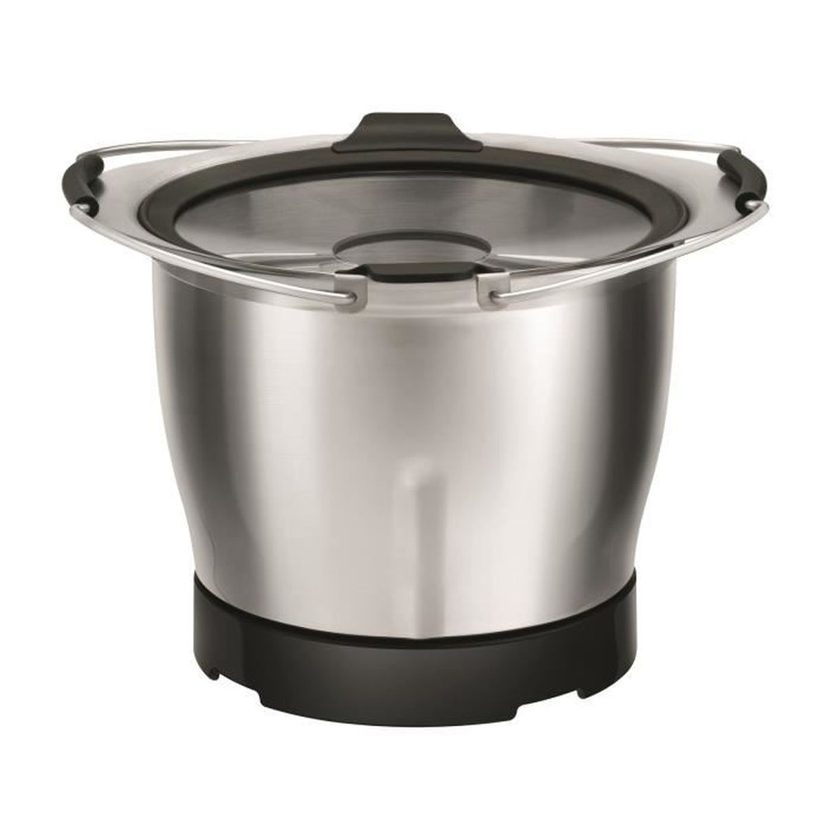 Ciotola per alimenti in acciaio inox con base e manici neri.