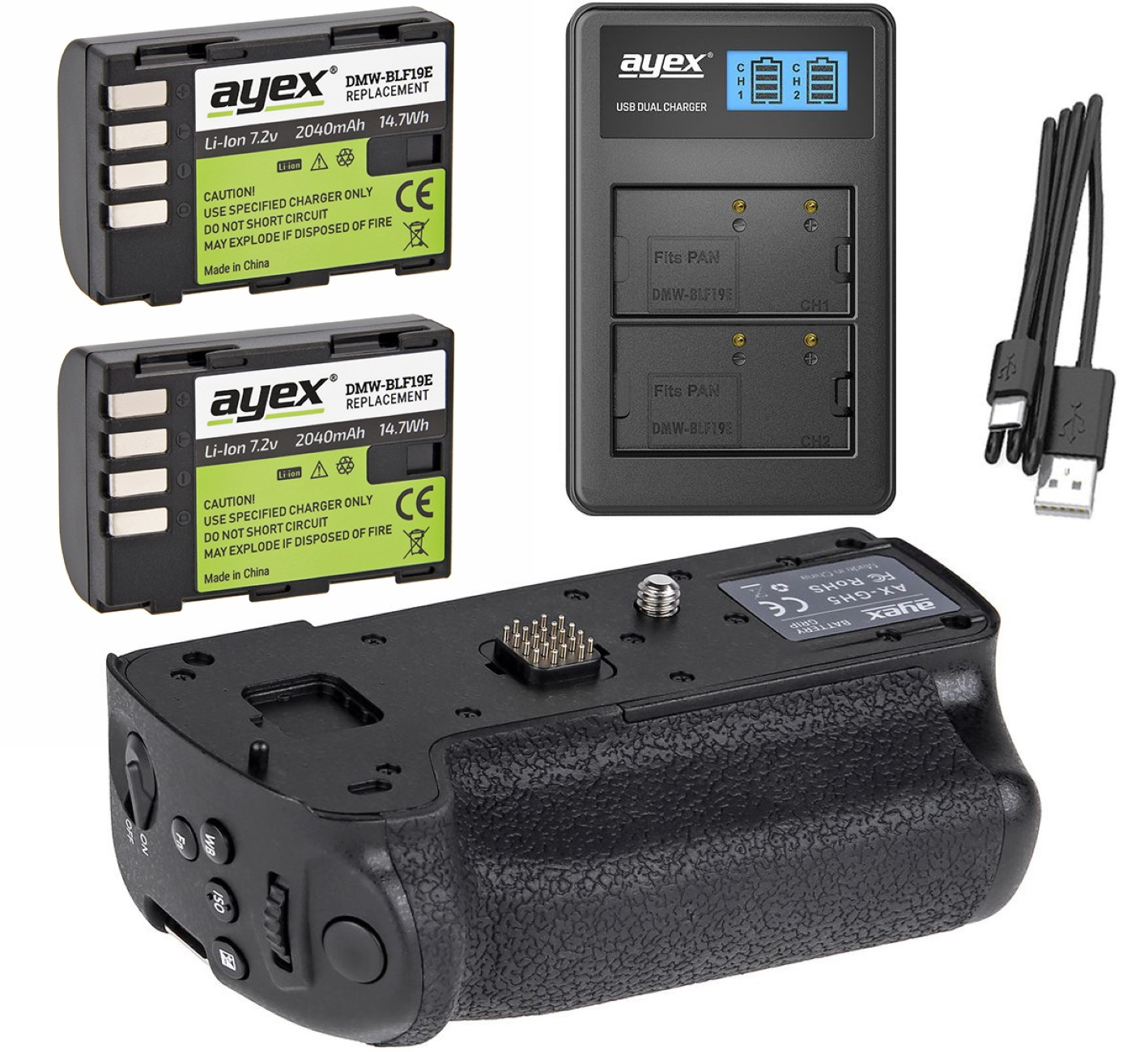 Set, 2x + Panasonic Ladegerät, Schwarz AYEX Batteriegriff Set Lumix + GH5 Dual BLF19E Akku Batteriegriff für USB