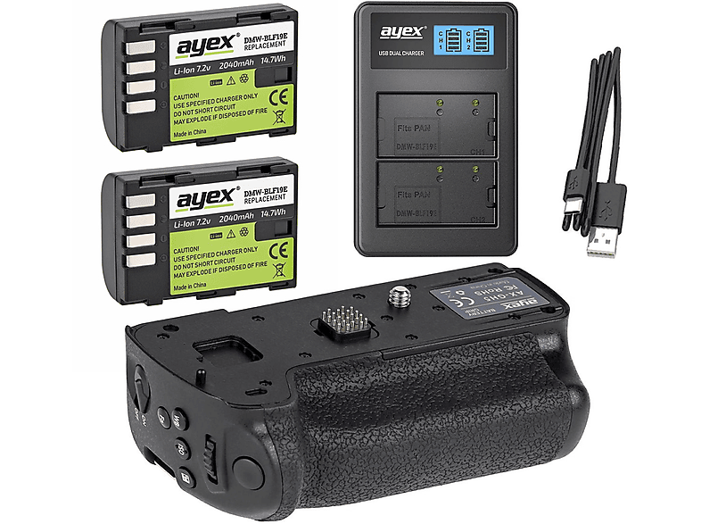 AYEX Batteriegriff Set + GH5 Lumix für Schwarz Panasonic Batteriegriff Set, Akku BLF19E USB + 2x Dual Ladegerät