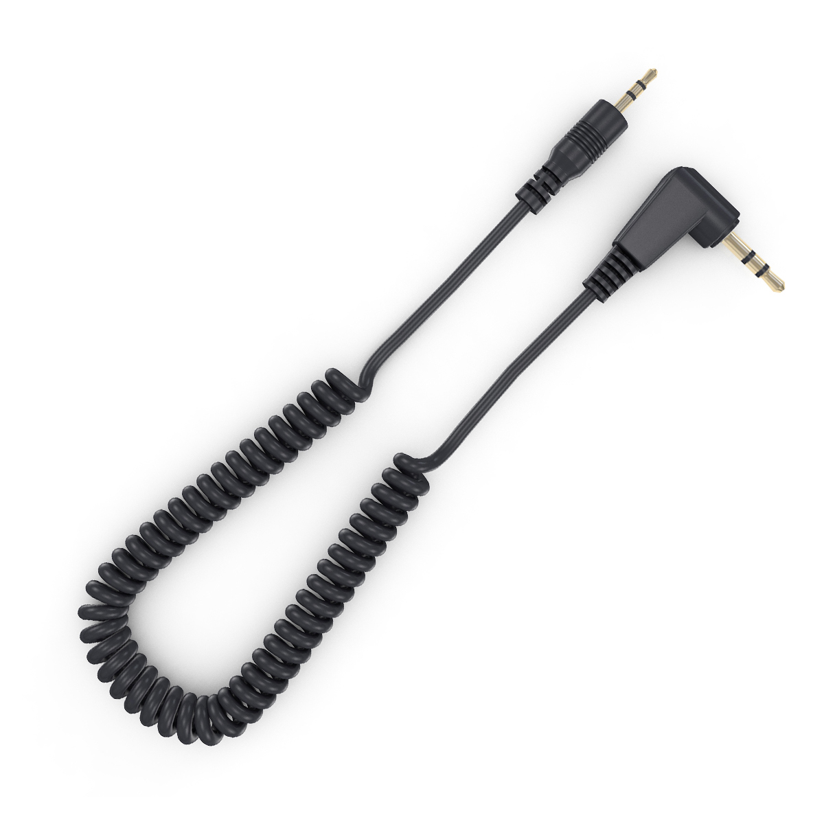 Ein schwarzes, gewendeltes Audiokabel mit goldfarbenen Steckern an beiden Enden, einer abgewinkelt.