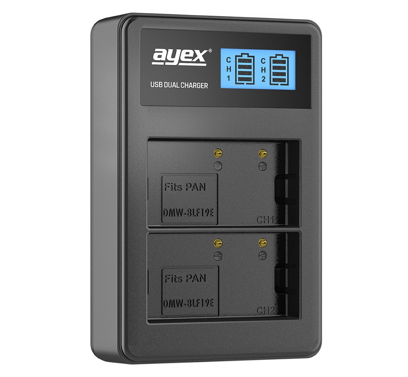 AYEX Batteriegriff BLF19E Ladegerät, Set Set, für Panasonic Dual GH5 Lumix + USB 2x Schwarz Akku + Batteriegriff