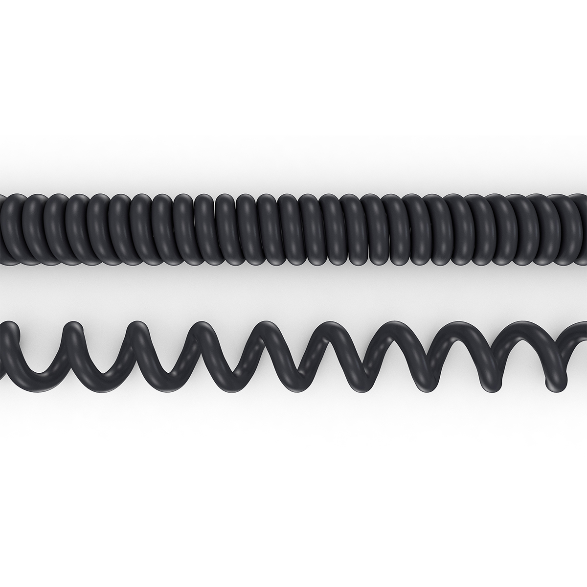 Zwei schwarze Spiralkabel, eines gewellt, eines spiralförmig.