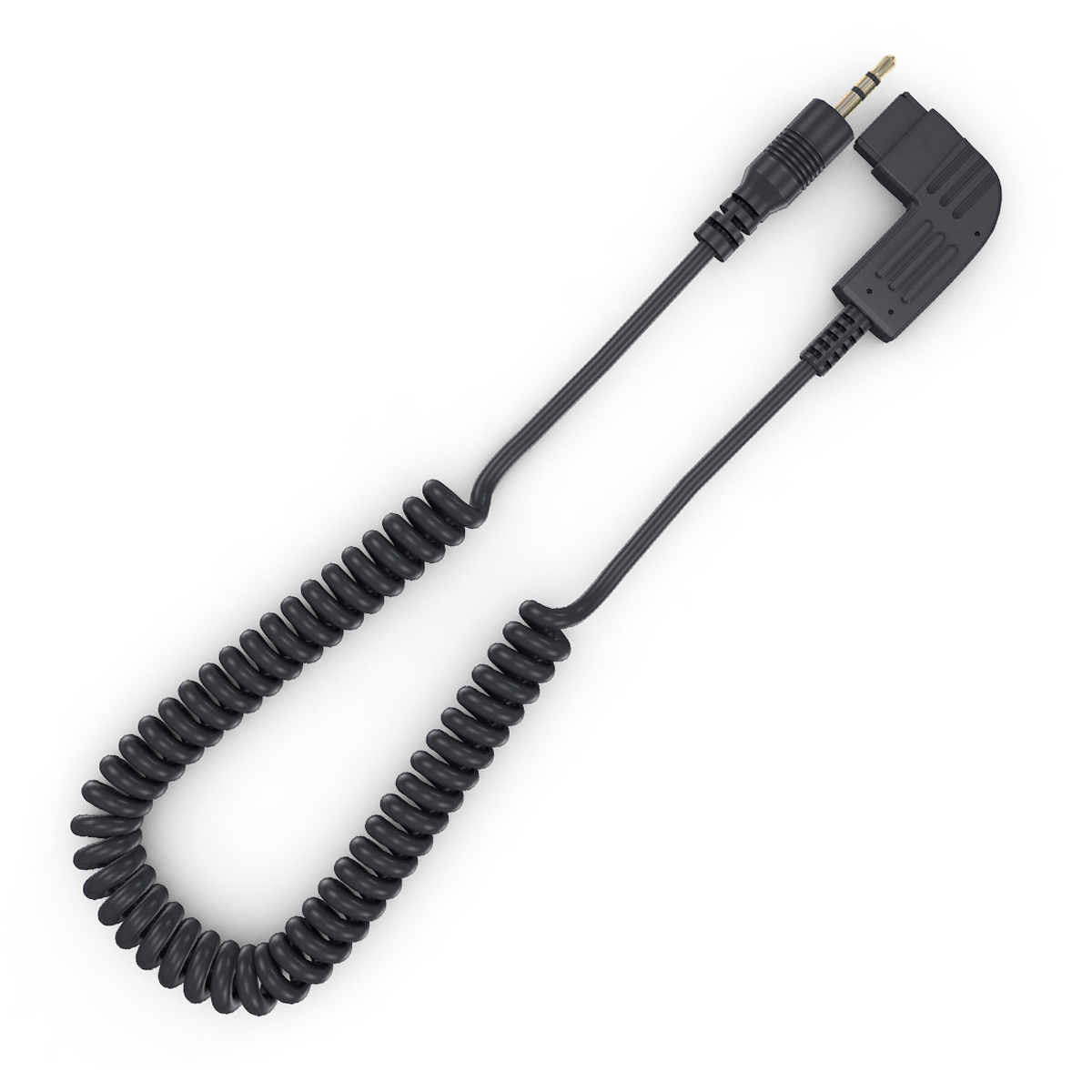 Schwarzes Spiralkabel mit Kopfhöreranschluss und Stecker, auf weißem Hintergrund.
