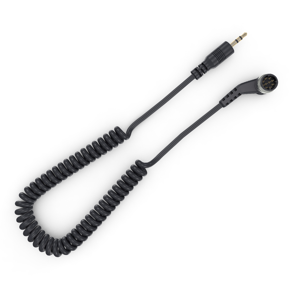 Schwarzes Spiralkabel mit 3,5-mm-Klinke und Multi-Pin-Anschluss für Kameras.