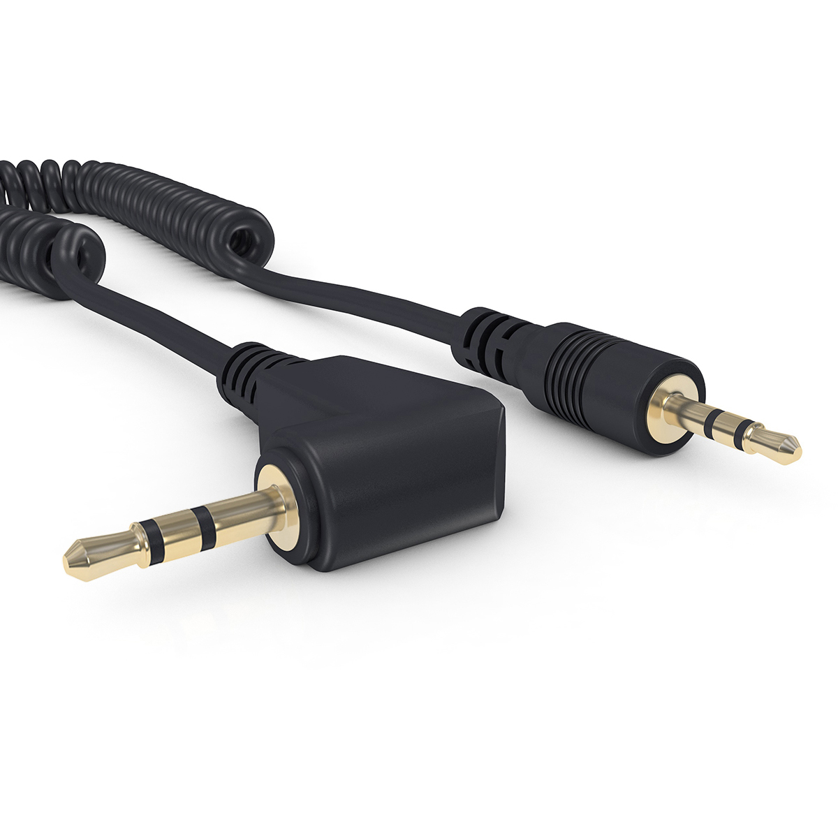 Schwarzes Audiokabel, gewinkelte Anschlüsse. Weißer Hintergrund, Studioaufnahme.