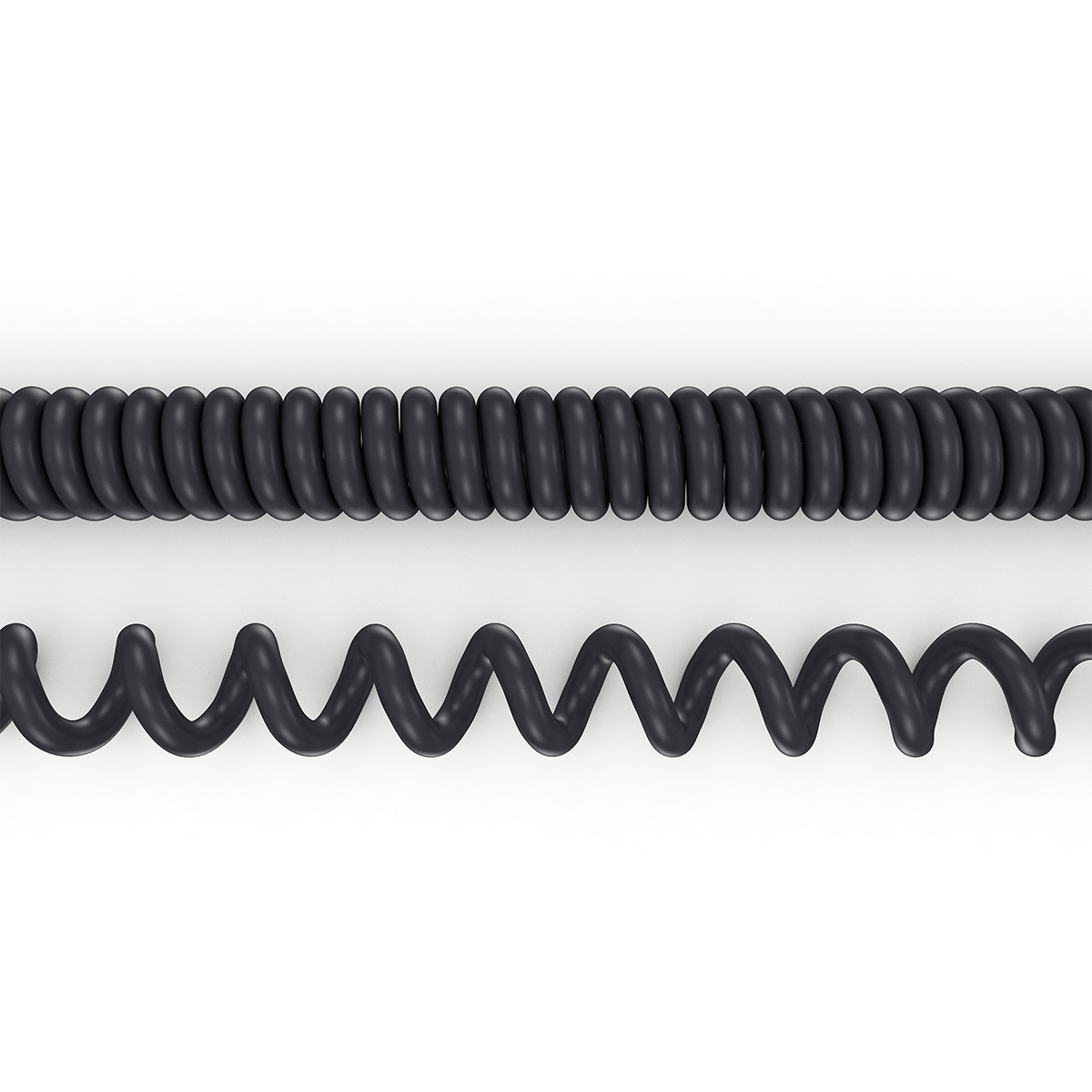 Schwarzes Spiralkabel. Zwei schwarze Spiralkabel, eines eng, das andere wellig.