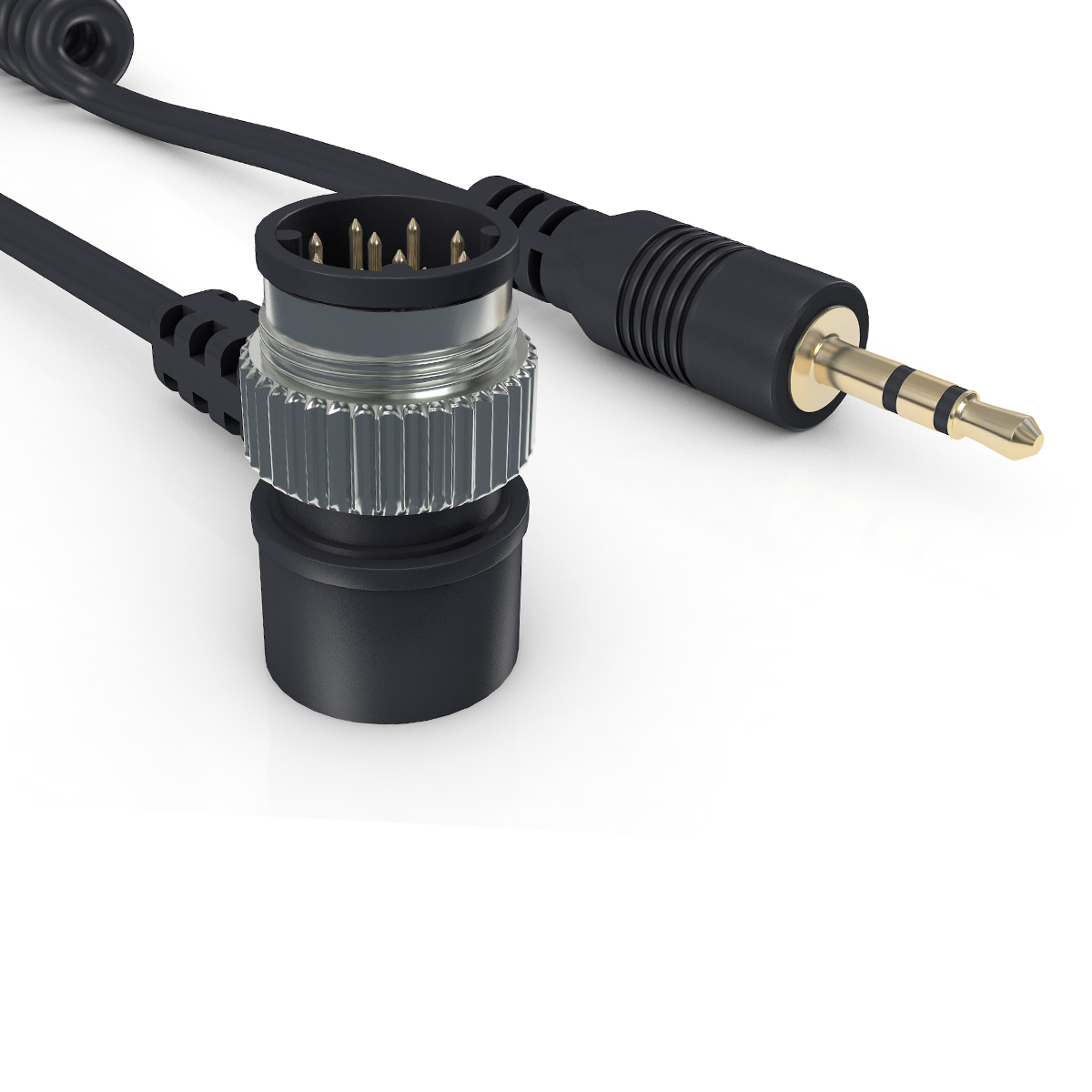 Schwarzes Audiokabel mit goldenem 3,5-mm-Klinkenstecker und Mehrfachstecker, weißer Hintergrund.