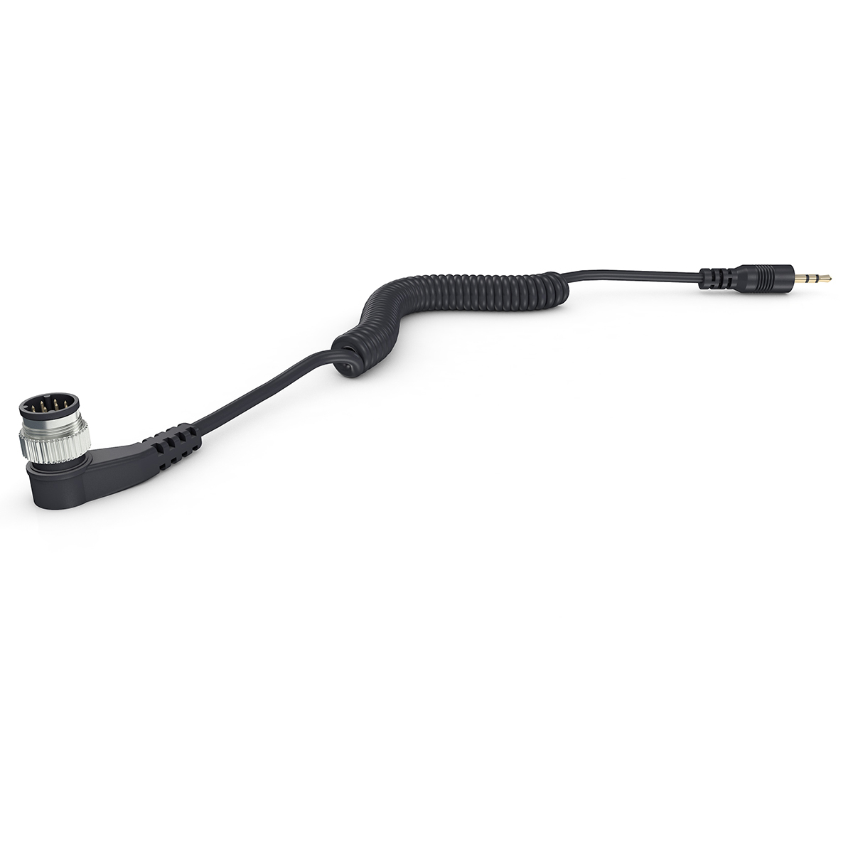 Schwarzes Spiralkabel mit Stecker und 3,5-mm-Klinke.