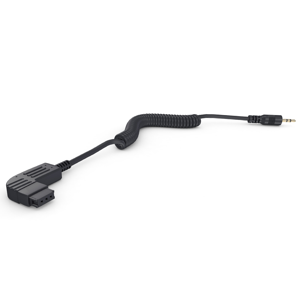 Schwarzes Audiokabel mit 3,5-mm-Klinke und Stecker. Weißer Hintergrund.