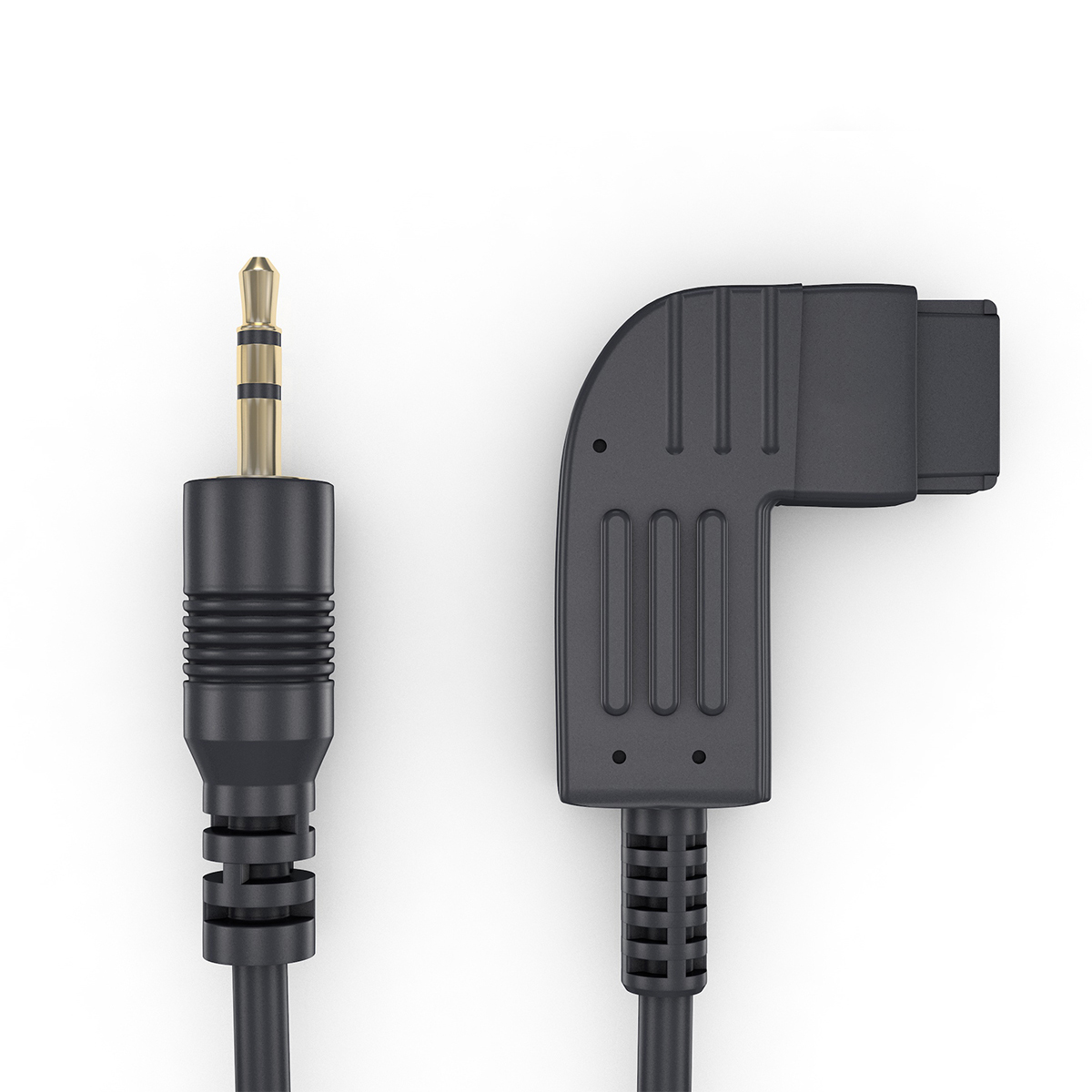 Schwarzes Audiokabel mit 3,5-mm-vergoldetem Stecker an einem Ende und einem rechtwinkligen Stecker am anderen.