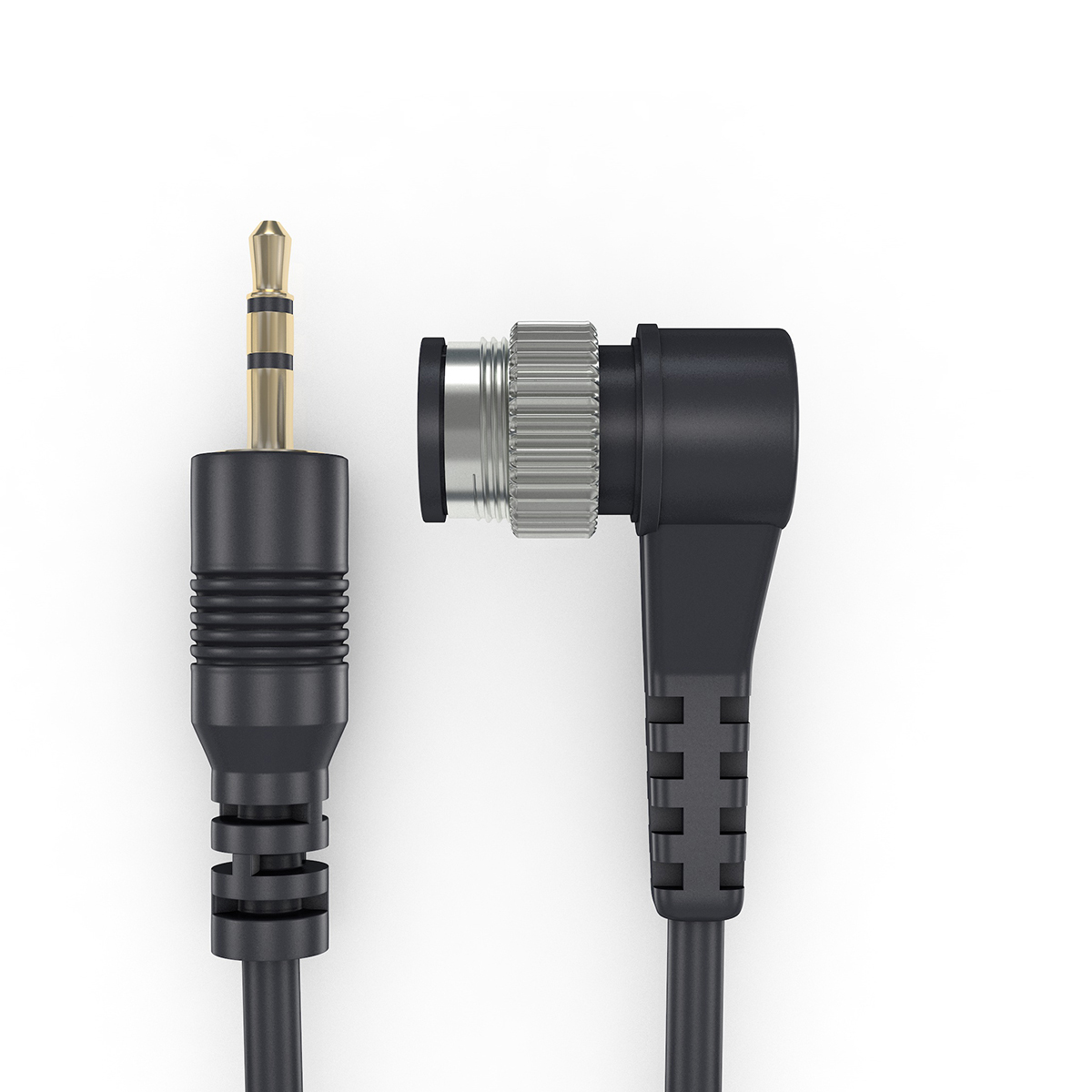 Abgewinkelter Audio-Kabelanschluss mit 3,5-mm-Klinke auf weißem Hintergrund.