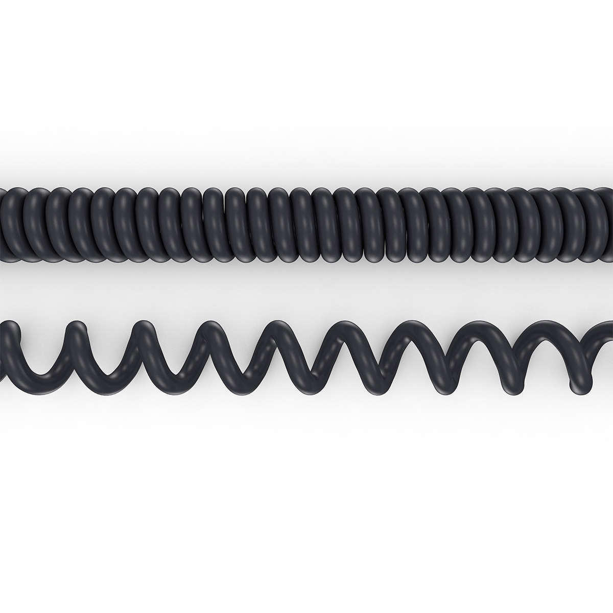 Schwarzes, spiralförmiges Telefonkabel.