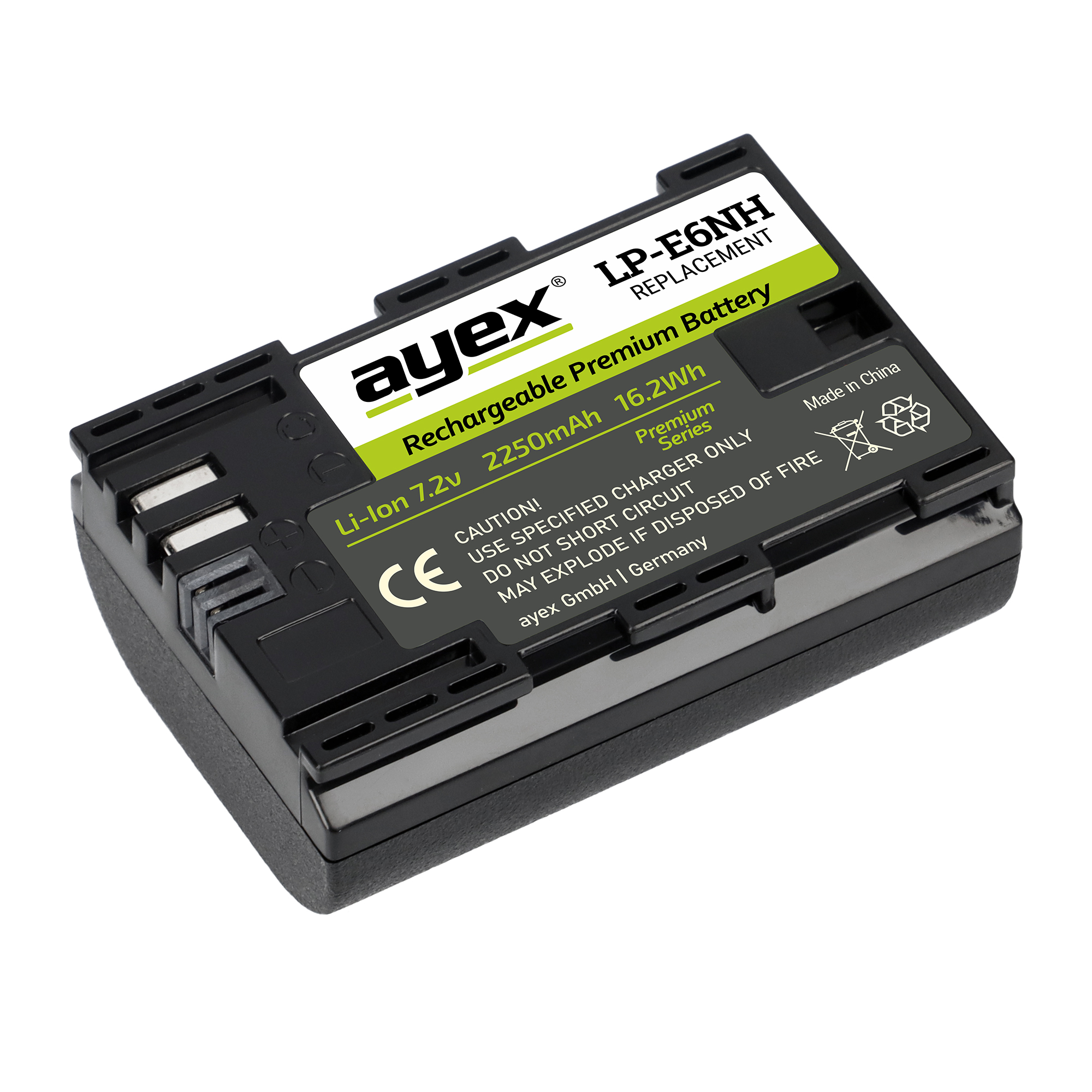 Schwarze und grüne Batterie mit weißem Text. Marke ayex. LP-E6NH Ersatz, 16,2 Wh, 2250 mAh.