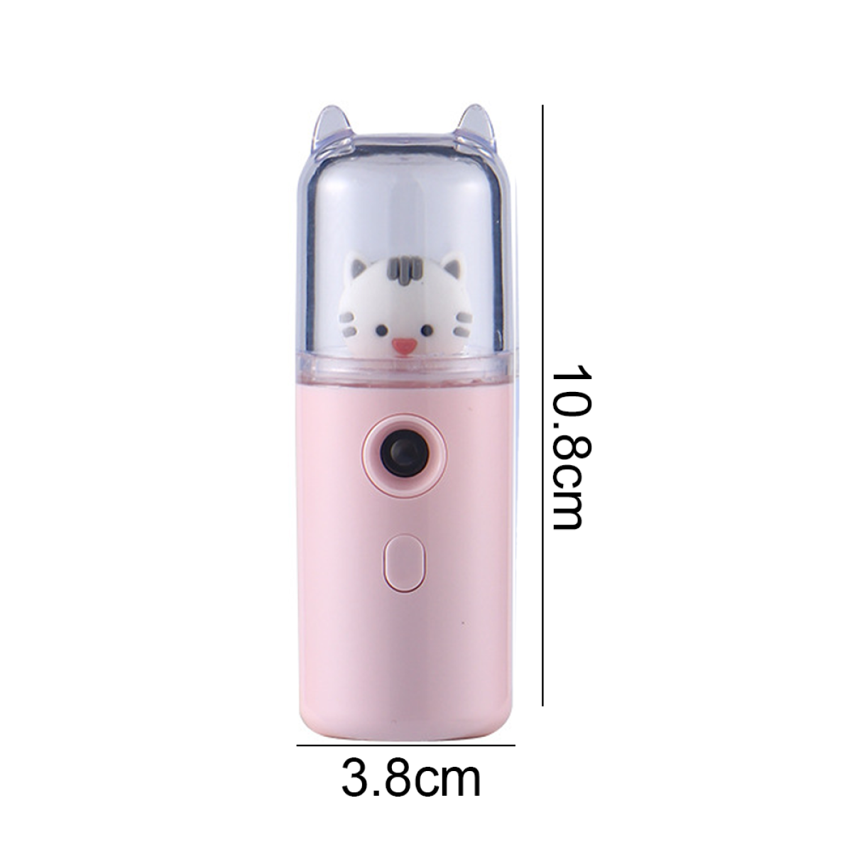Rosa Mini-Gesichtssprüher mit Katzendesign. Er hat eine transparente Oberseite, einen Knopf und Maß.