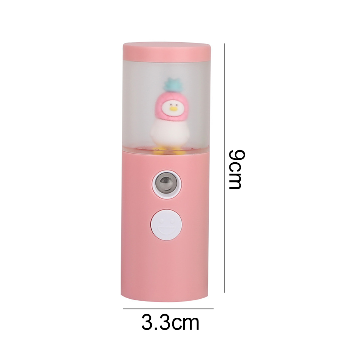Ein kleines rosa Vernebelungsgerät mit einem Cartoon-Schneemann oben. Weißer Hintergrund.