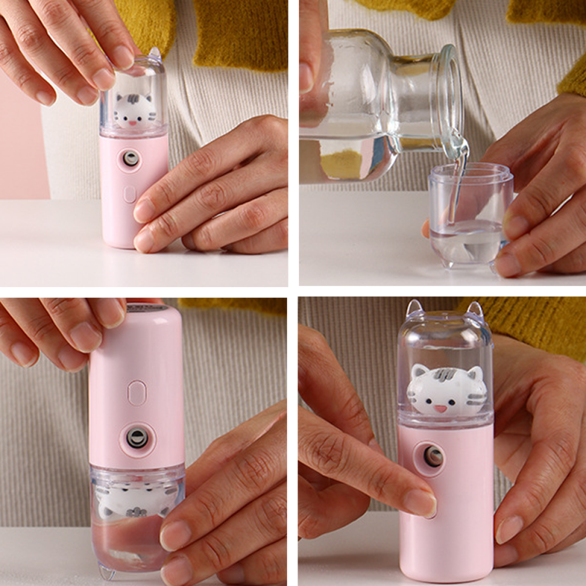 Ein rosa, katzenförmiger Gesichtssprüher, der mit Wasser gefüllt wird.