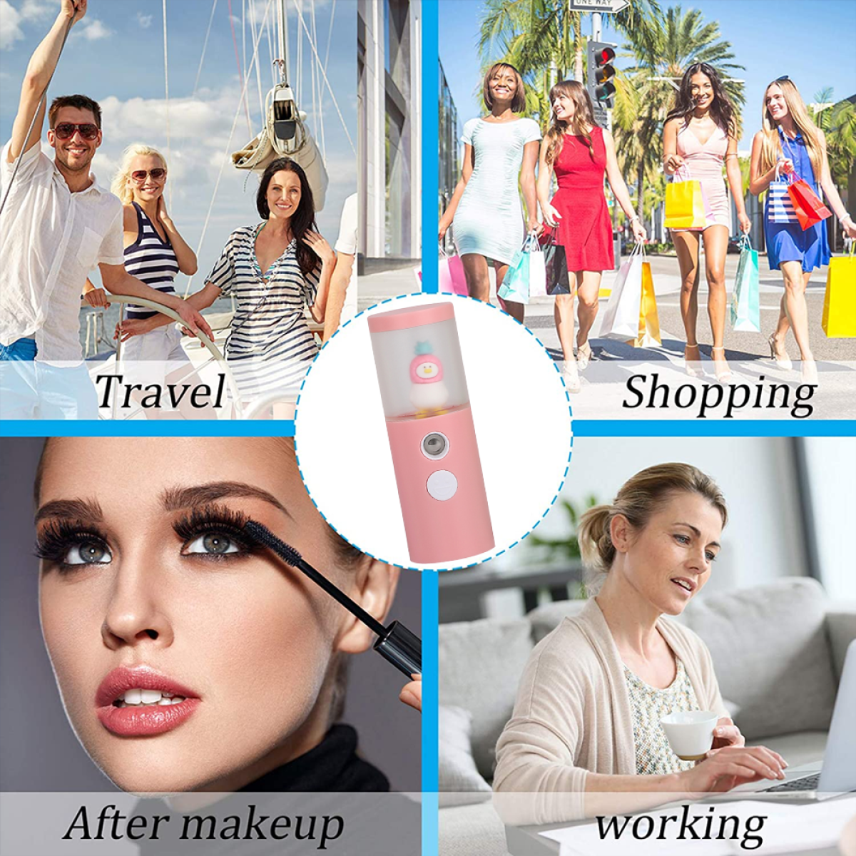Bilder, die Reisen, Einkaufen, nach dem Make-up und Arbeiten darstellen, mit einem rosa Gesichtsnebler.