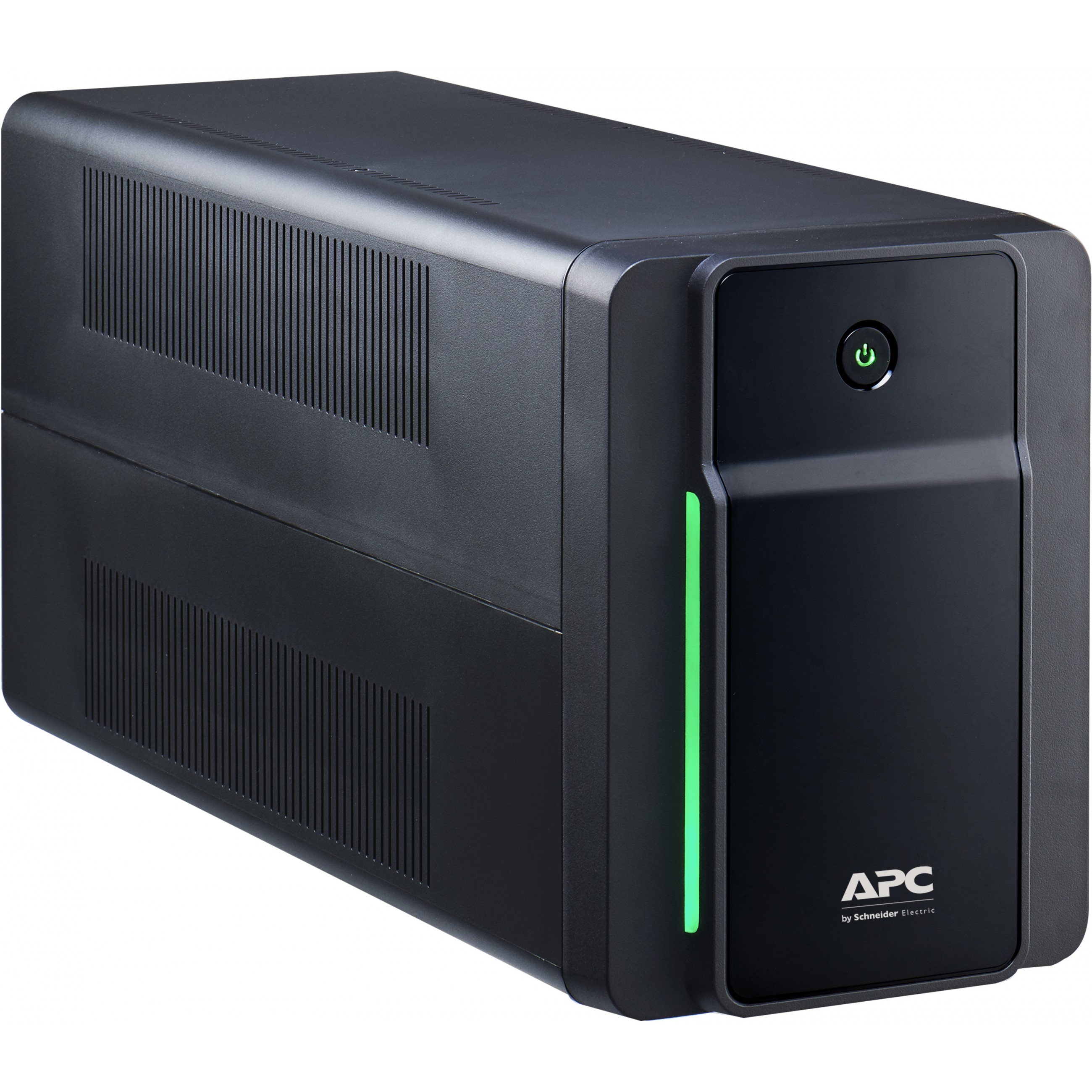UPS APC nero con luce verde, pannello frontale nero, su sfondo bianco.