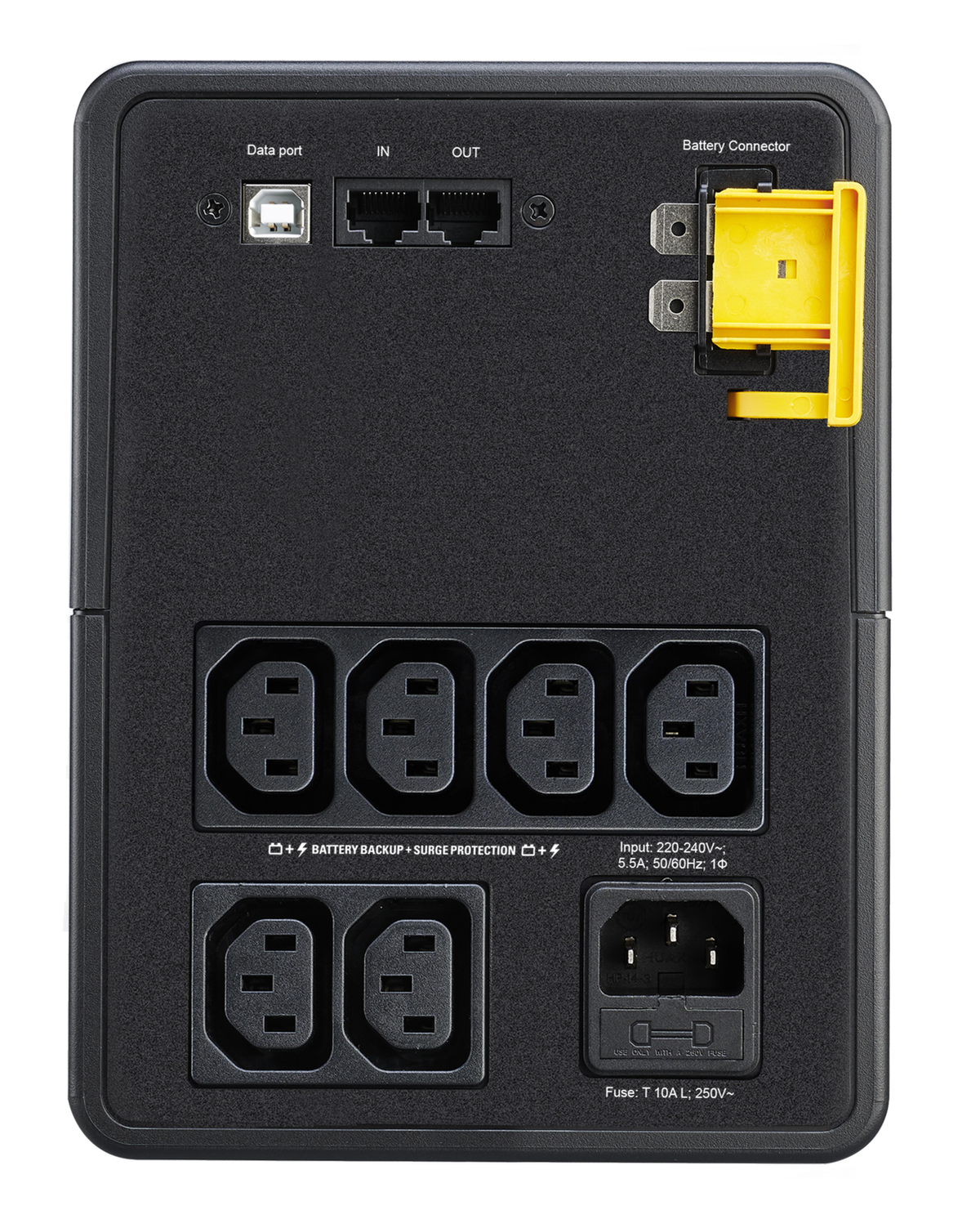 Schwarze USV-Rückseite mit Anschlüssen, Ausgängen und Batterieanschluss, vor schwarzem Hintergrund.