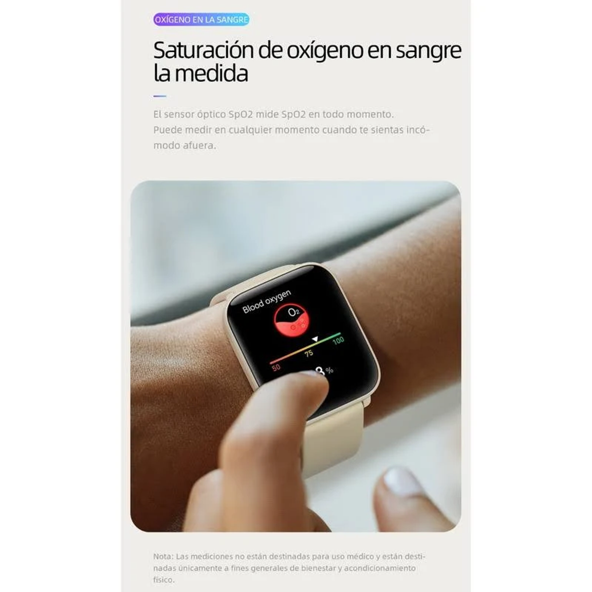 Un reloj inteligente muestra la saturación de oxígeno en sangre. El reloj está en una muñeca, mostrando O2.