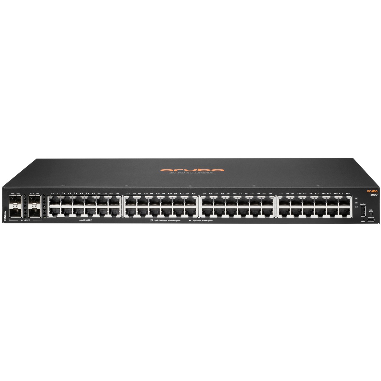 Schwarzer Aruba Switch mit zahlreichen Anschlüssen und Indikatoren, vor weißem Hintergrund.