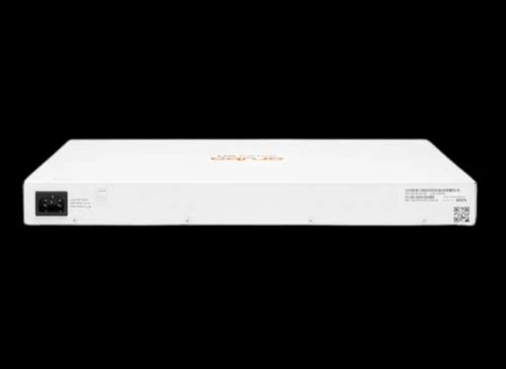 Uno switch di rete Aruba bianco su sfondo nero. La parte posteriore ha porte e ingresso di alimentazione.