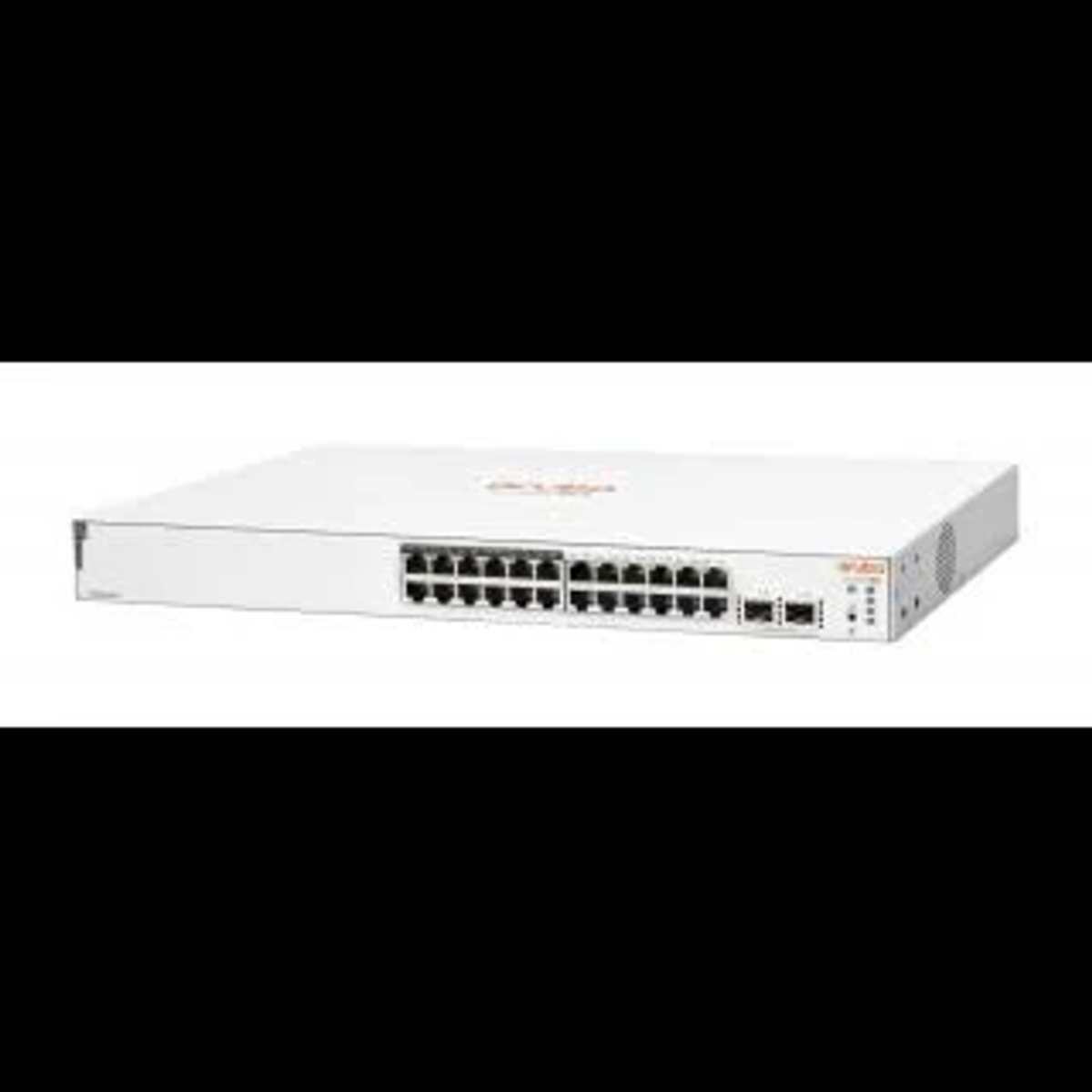 Switch di rete bianco con porte. Logo Aruba sul fronte. Sfondo nero.