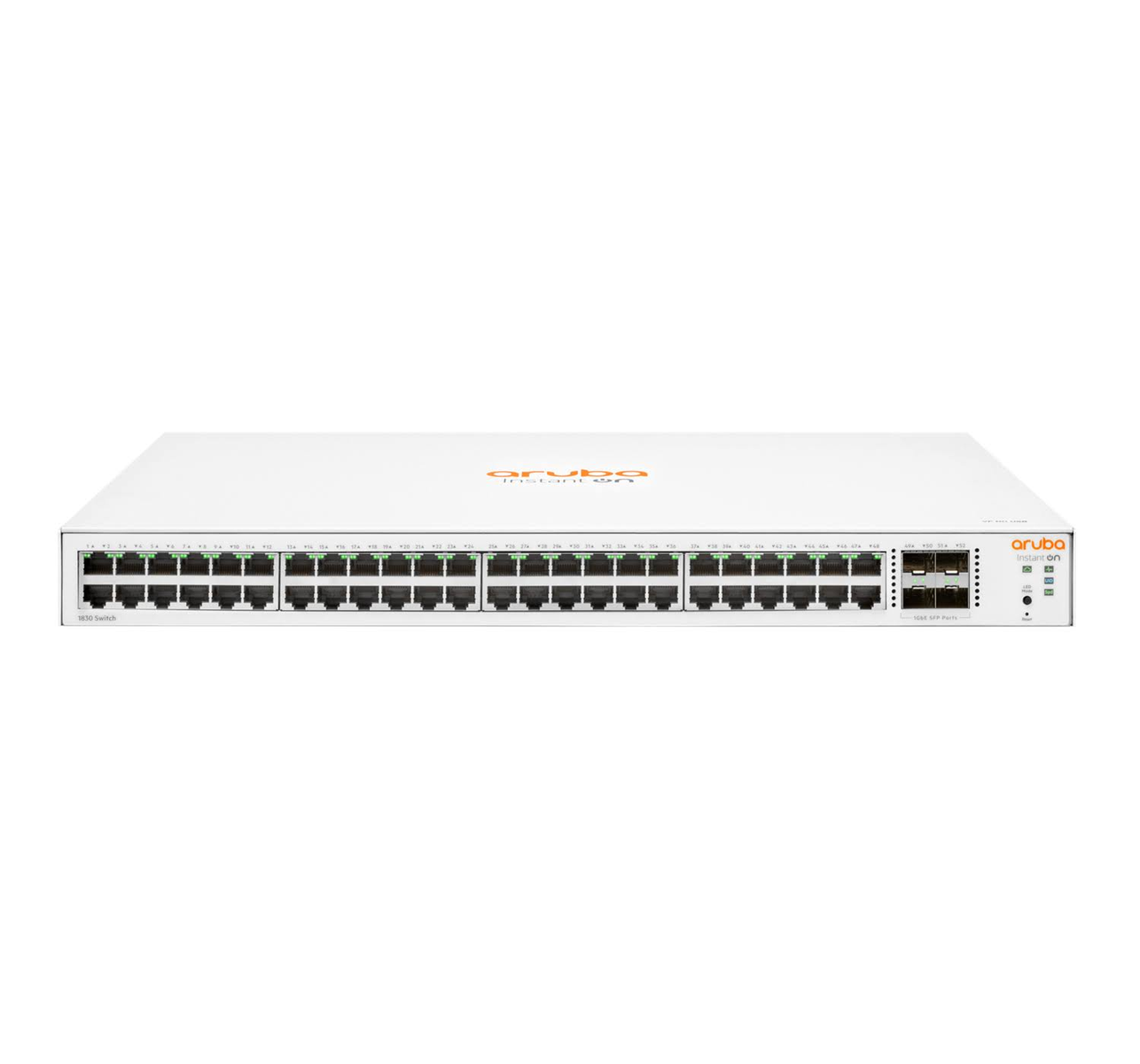 Uno switch di rete bianco con molte porte e un logo arancione.
