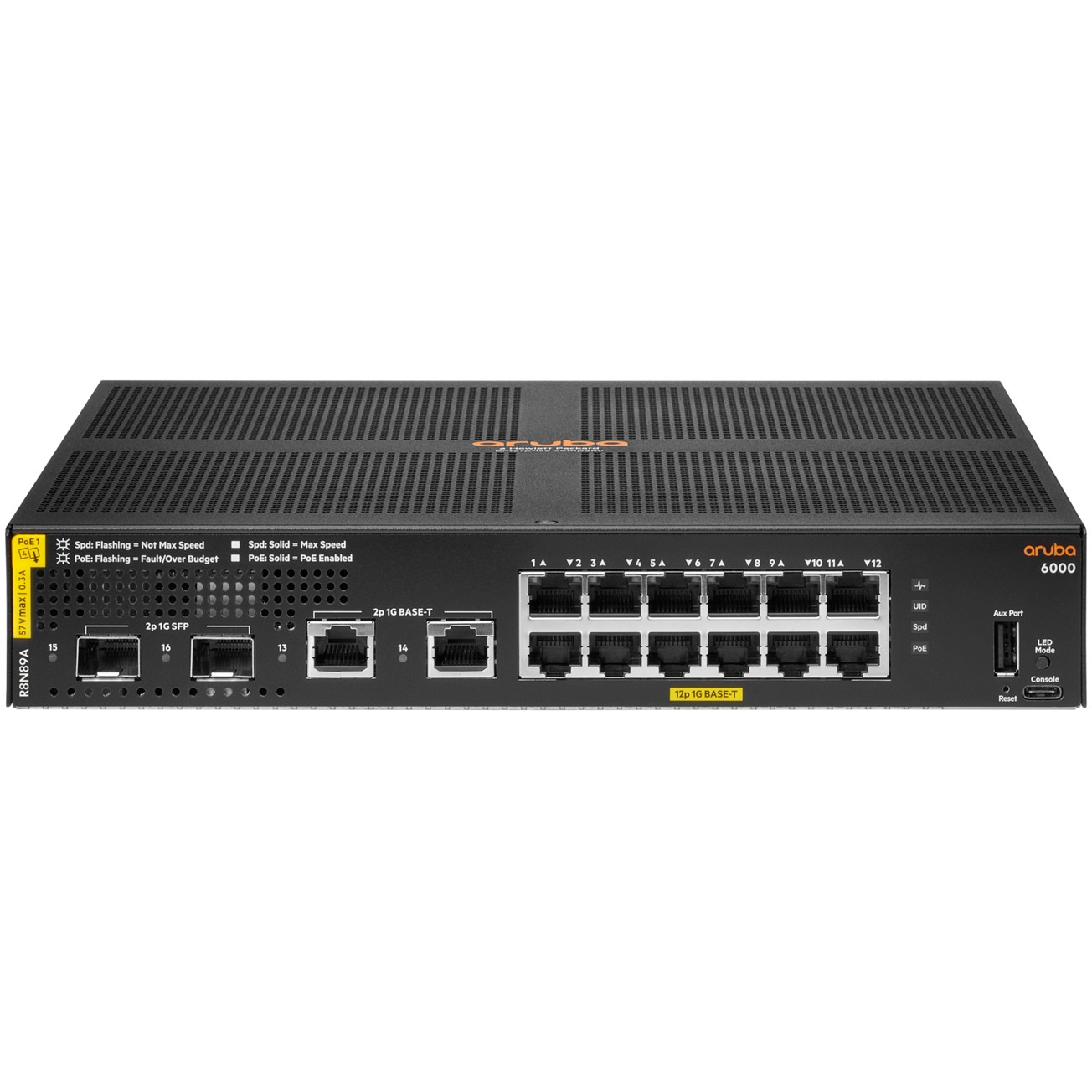 Een zwarte Aruba 6000-serie netwerkswitch met meerdere poorten, geïsoleerd op wit.