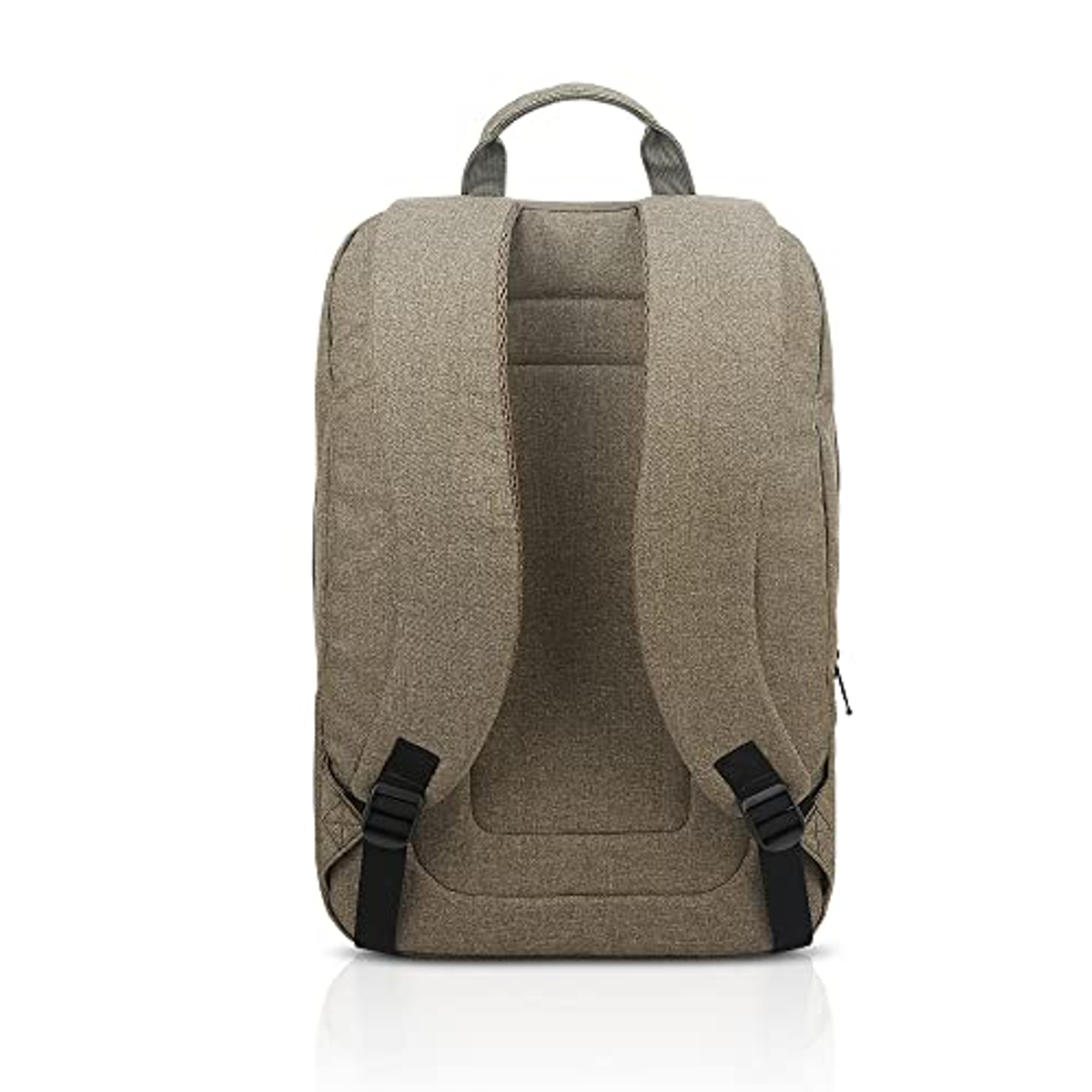 Rucksack, khakifarbend. Zwei Schultergurte. Tragegriff. Schwarze Riemen und Schnallen. Einfaches Design.