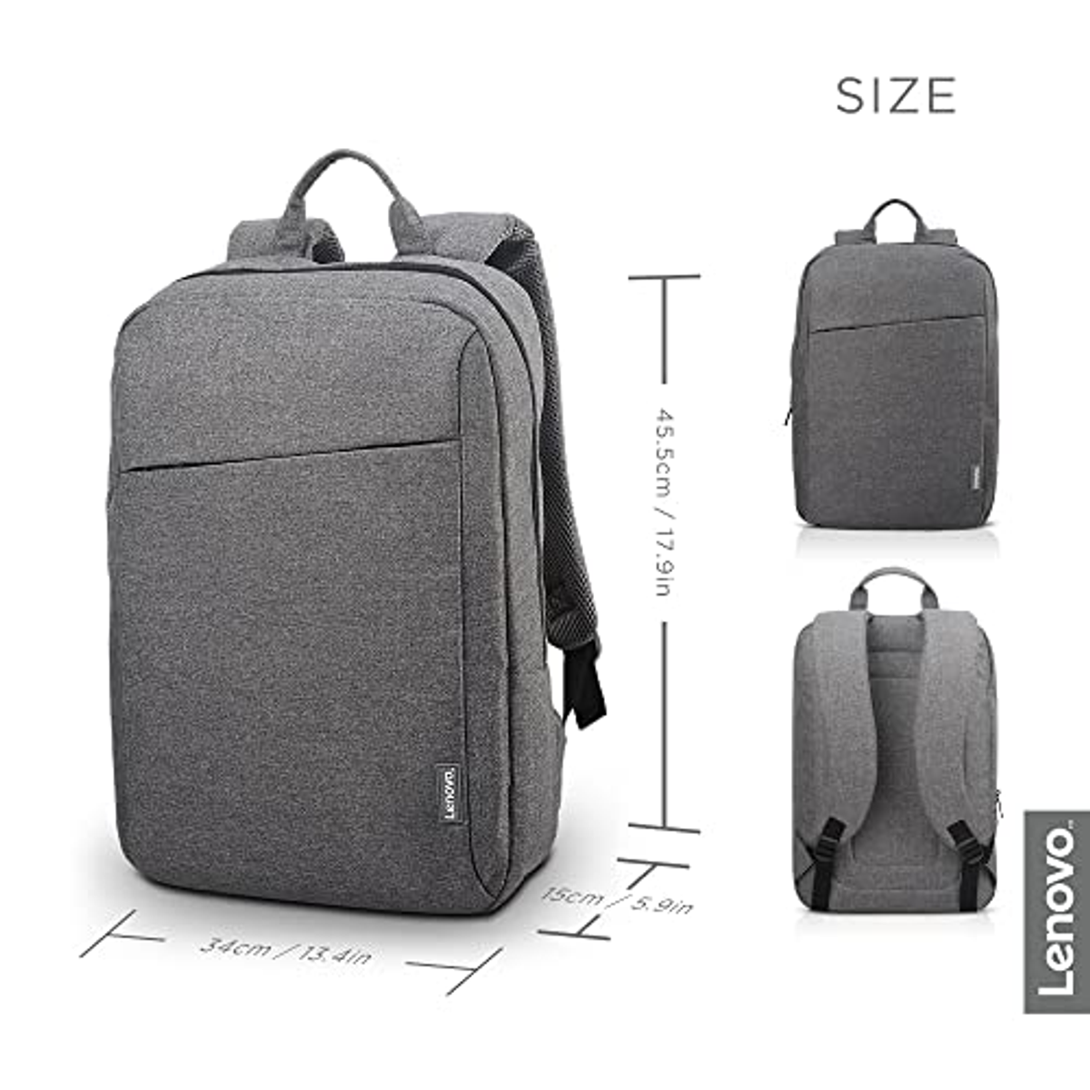 Grauer Rucksack mit Seiten- und Rückansicht mit Abmessungen und Lenovo-Logo.