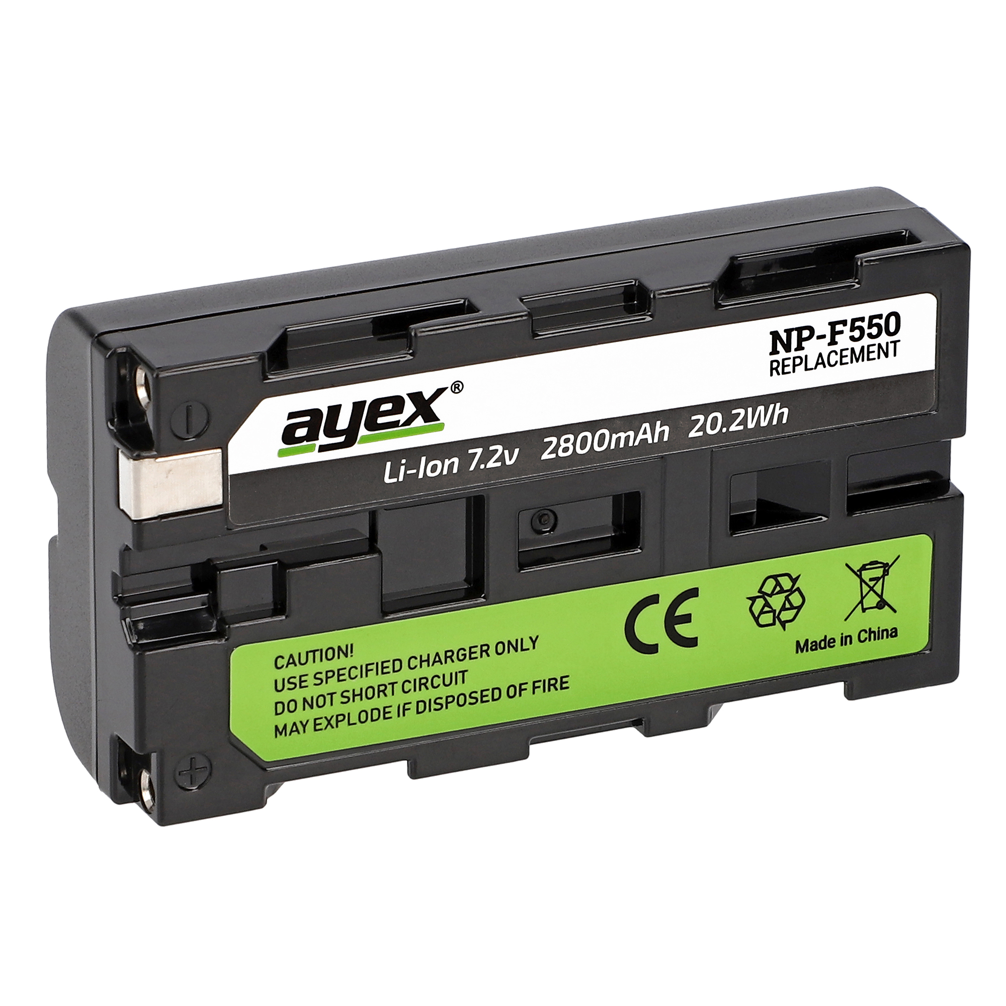 Eine schwarze Ersatzbatterie mit weißen und grünen Etiketten. Es hat ein CE-Zeichen.