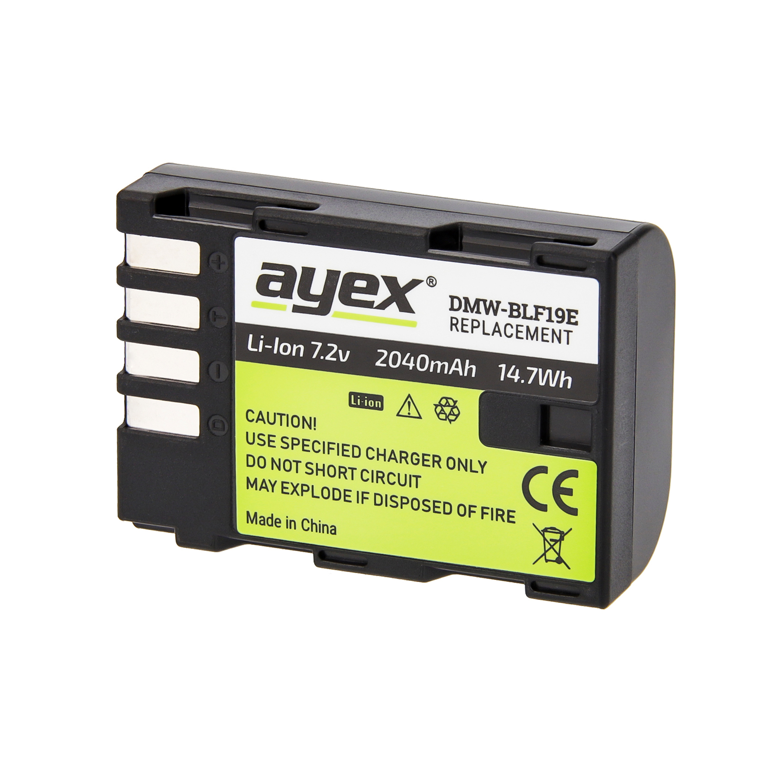Schwarze und grüne rechteckige Batterie mit weißem Text auf weißem Hintergrund.