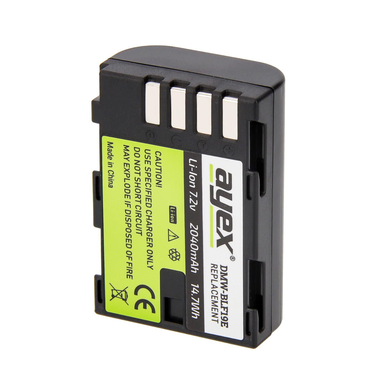Schwarze Batterie mit Etikett, Vorsichtstext und CE-Zeichen, grün und gelb.