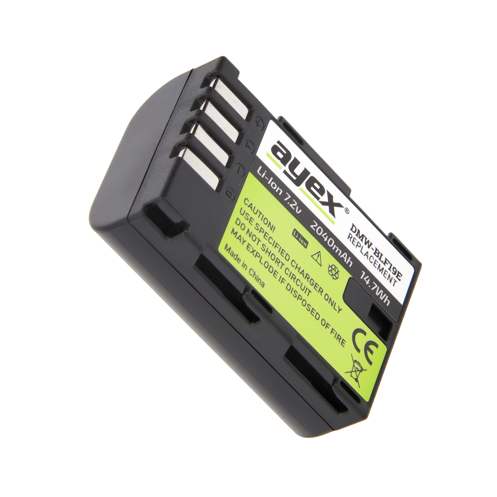 Ein schwarzer Li-Ionen-Akku mit Etiketten und Text, einschließlich „ayex“ und „Made in China“ auf weißem Hintergrund.