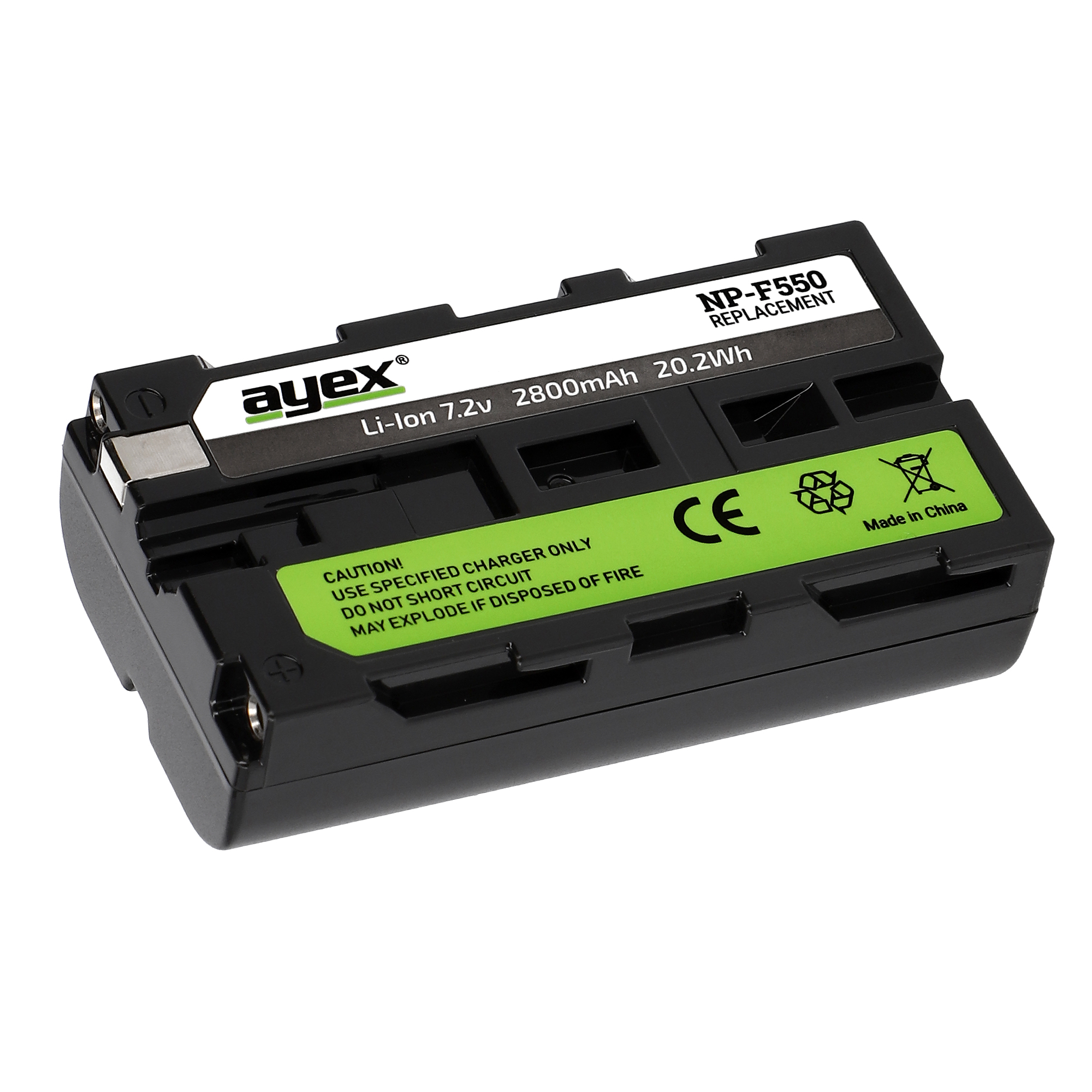 Schwarze Batterie mit weißen und grünen Etiketten.