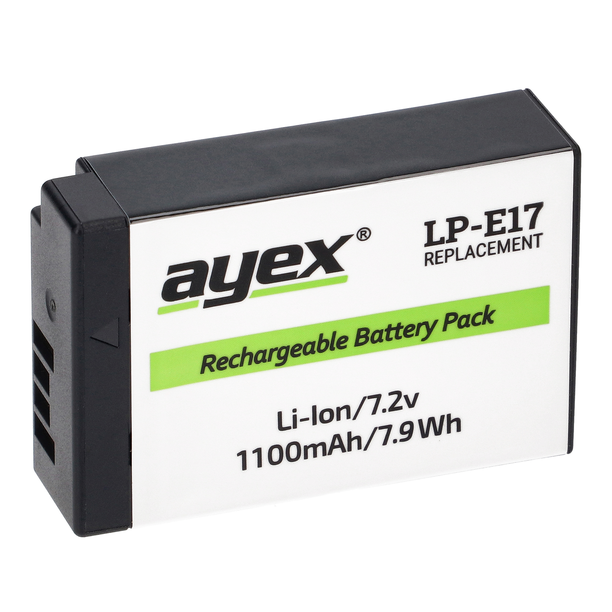 Schwarz-weiß Ayex-Akkupack für Kamera. Produktetikett mit Text: LP-E17 Wiederaufladbarer Akku.