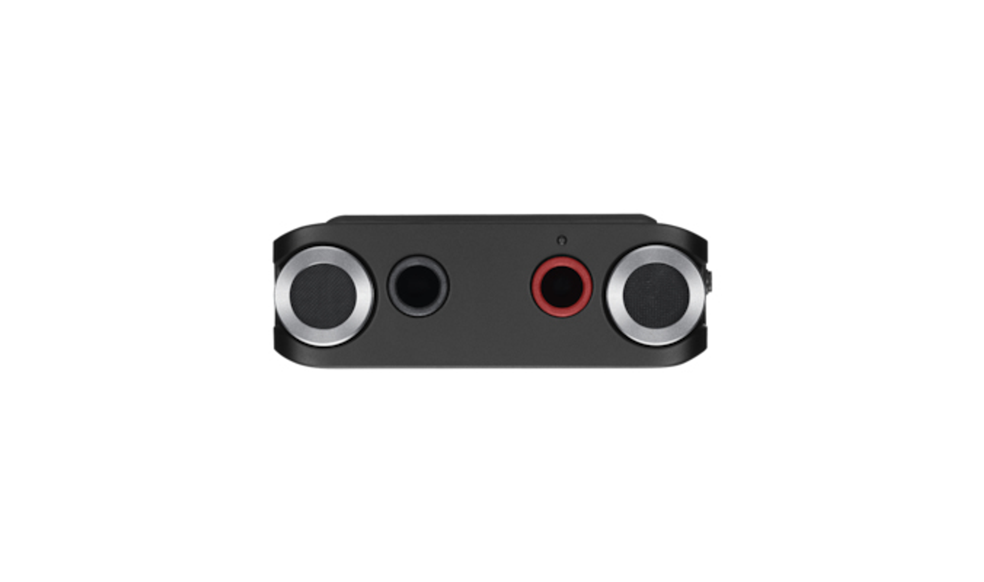 Czarny adapter audio z dwoma okrągłymi wyjściami głośnikowymi i wyjściem jack z czerwonym pierścieniem.