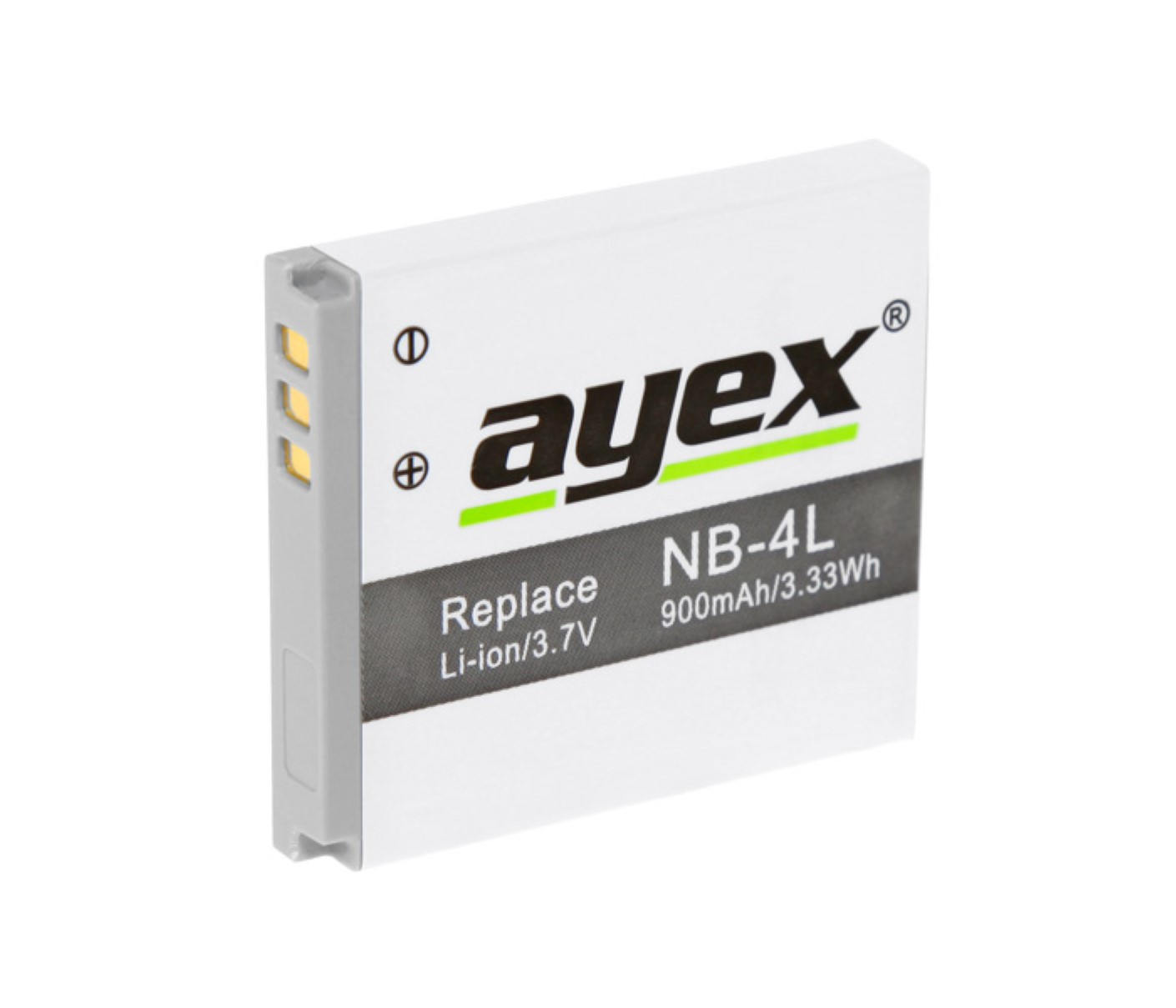 Ein weißes und graues Akku-Pack mit "ayex" und "NB-4L" aufgedruckt.