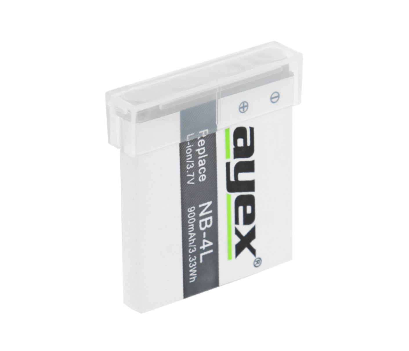 Eine weiße Batterie mit dem Aufdruck "ayex" und "NB-4L". Eine transparente Kunststoffabdeckung befindet sich oben.