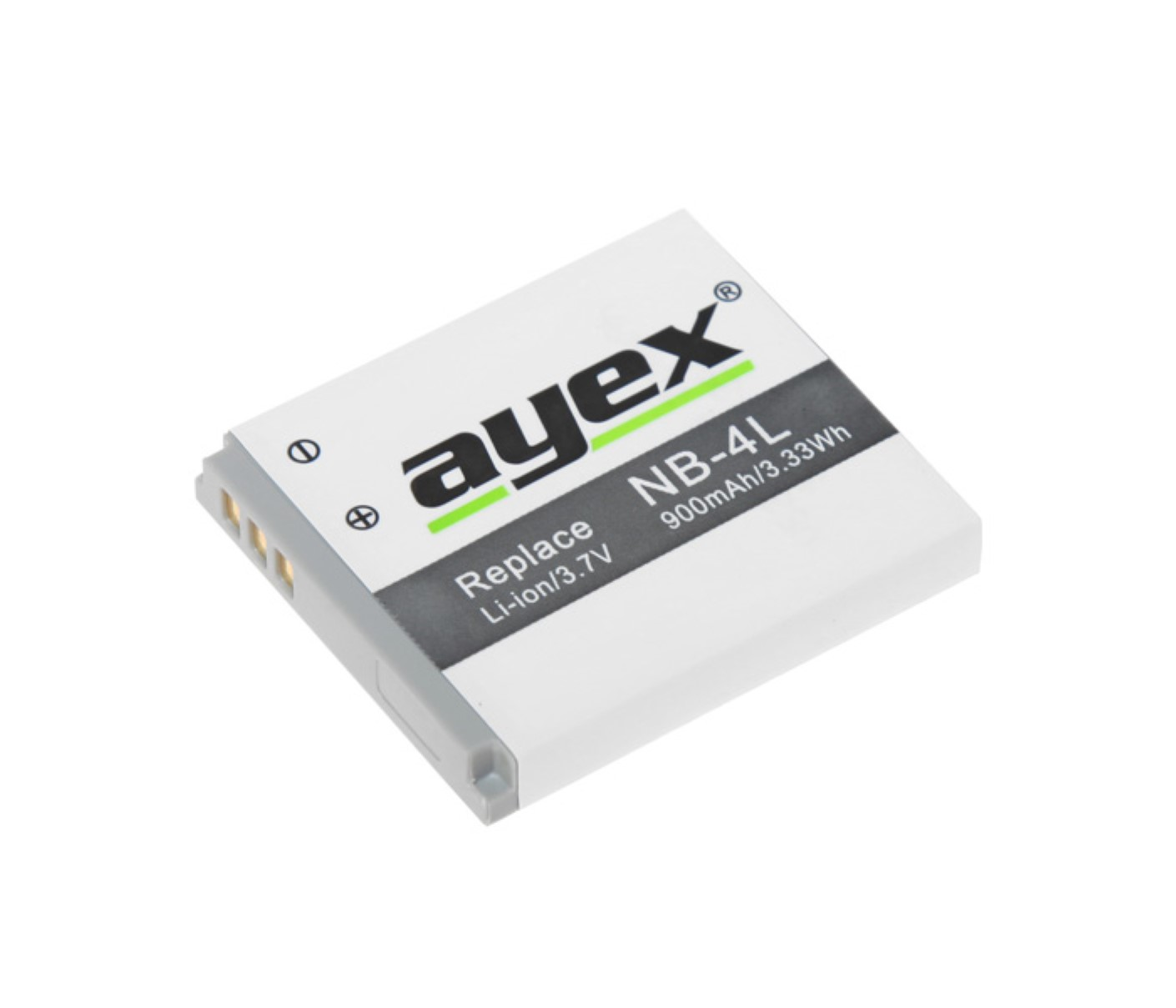 Kleine weiße Batterie mit Ayex-Etikett. Graue Seiten, schwarzer Text und ein Goldstecker.