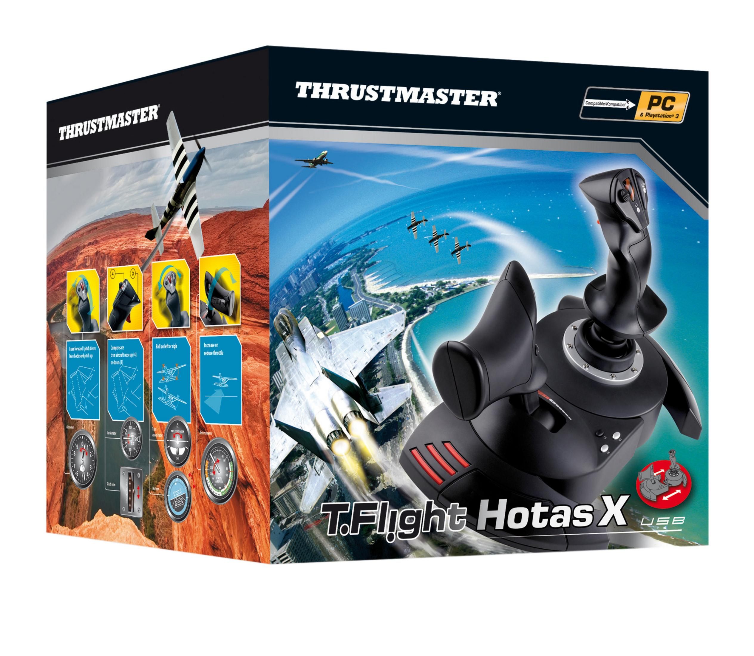 Box for a joystick, images of planes, and a joystick.  White background.