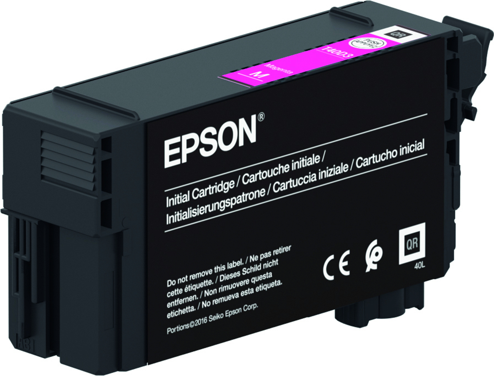 Magenta kartridż z tuszem Epson z etykietami, tekstem i logo Epson.