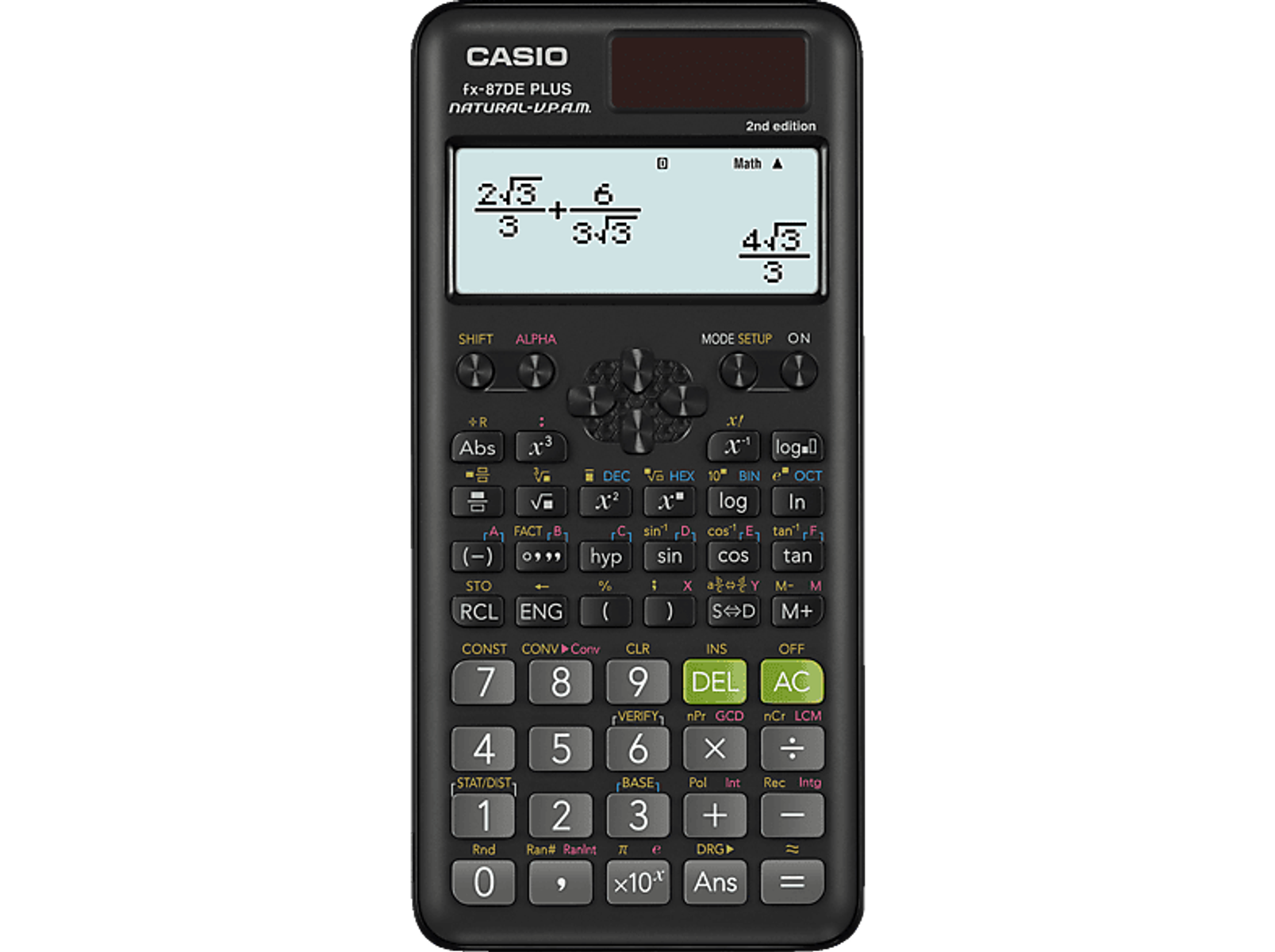 Czarny kalkulator naukowy wyświetlający równanie matematyczne. Posiada różne przyciski i mały ekran.