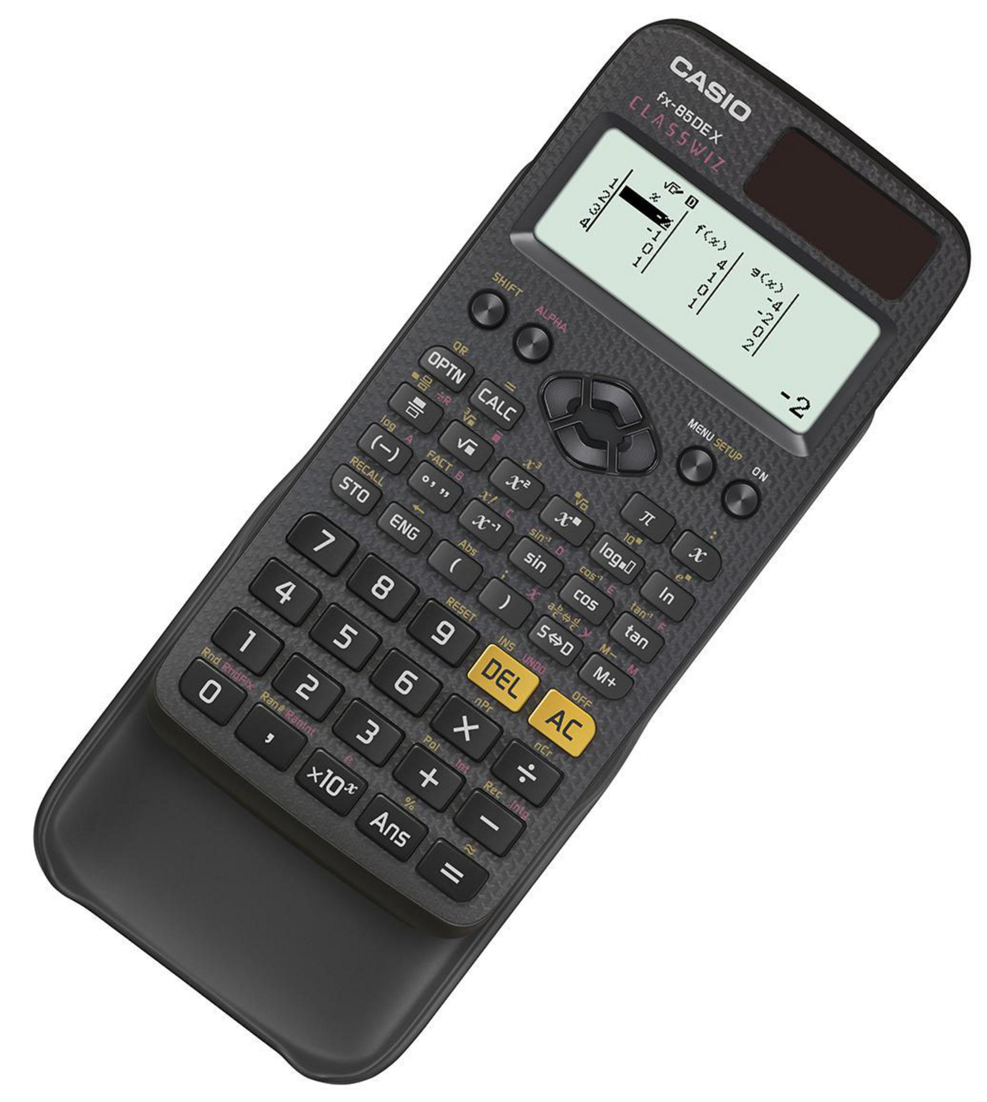 Ein schwarzer Casio-Taschenrechner mit Hülle. Der Bildschirm zeigt wissenschaftliche Formeloptionen an.