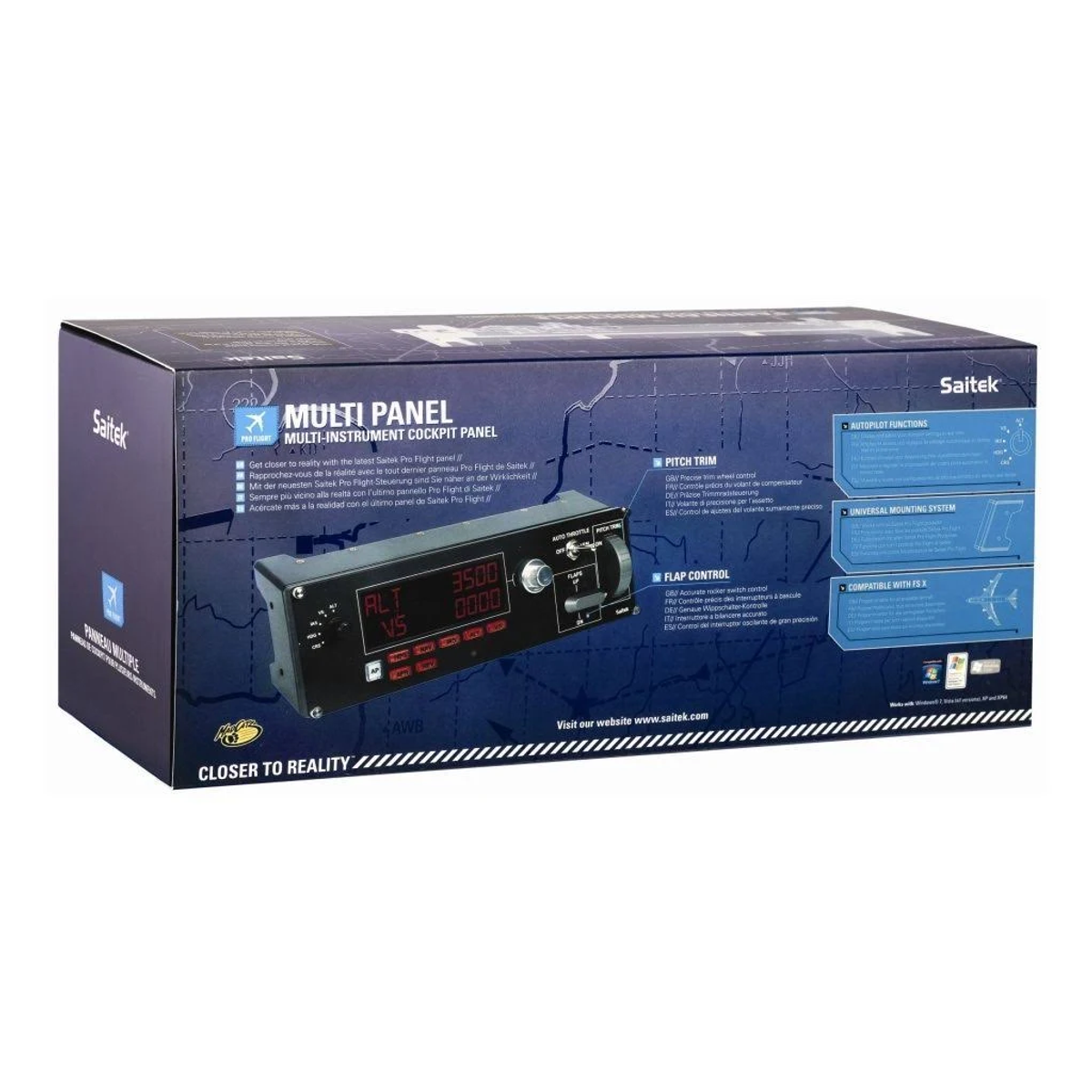 Schwarze und blaue Box mit einem Multi-Instrumenten-Cockpit-Panel. Text und Grafiken heben Funktionen hervor.